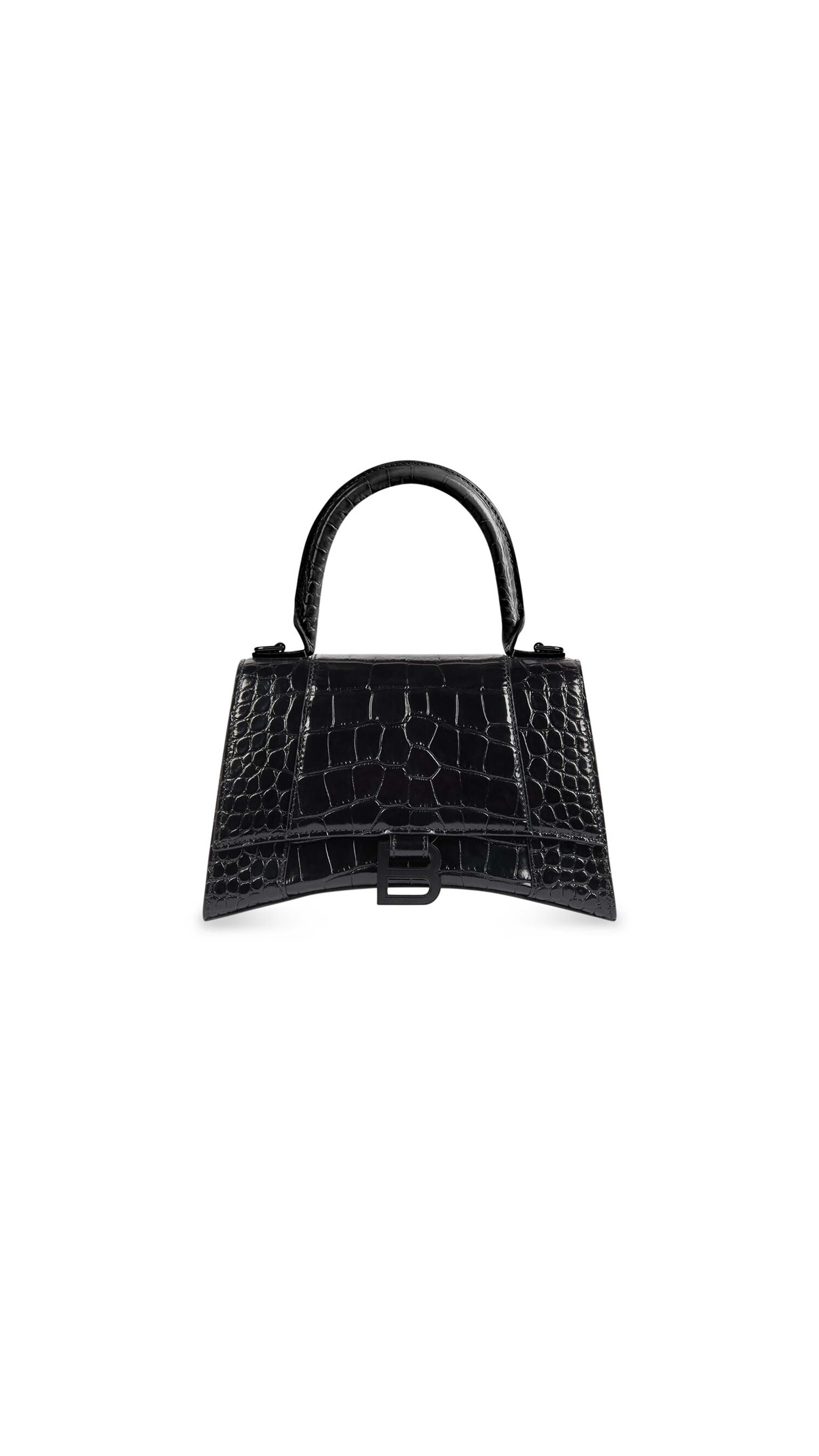 Hourglass Small Handbag In Shiny Crocodile Embossed Calfskin - Black