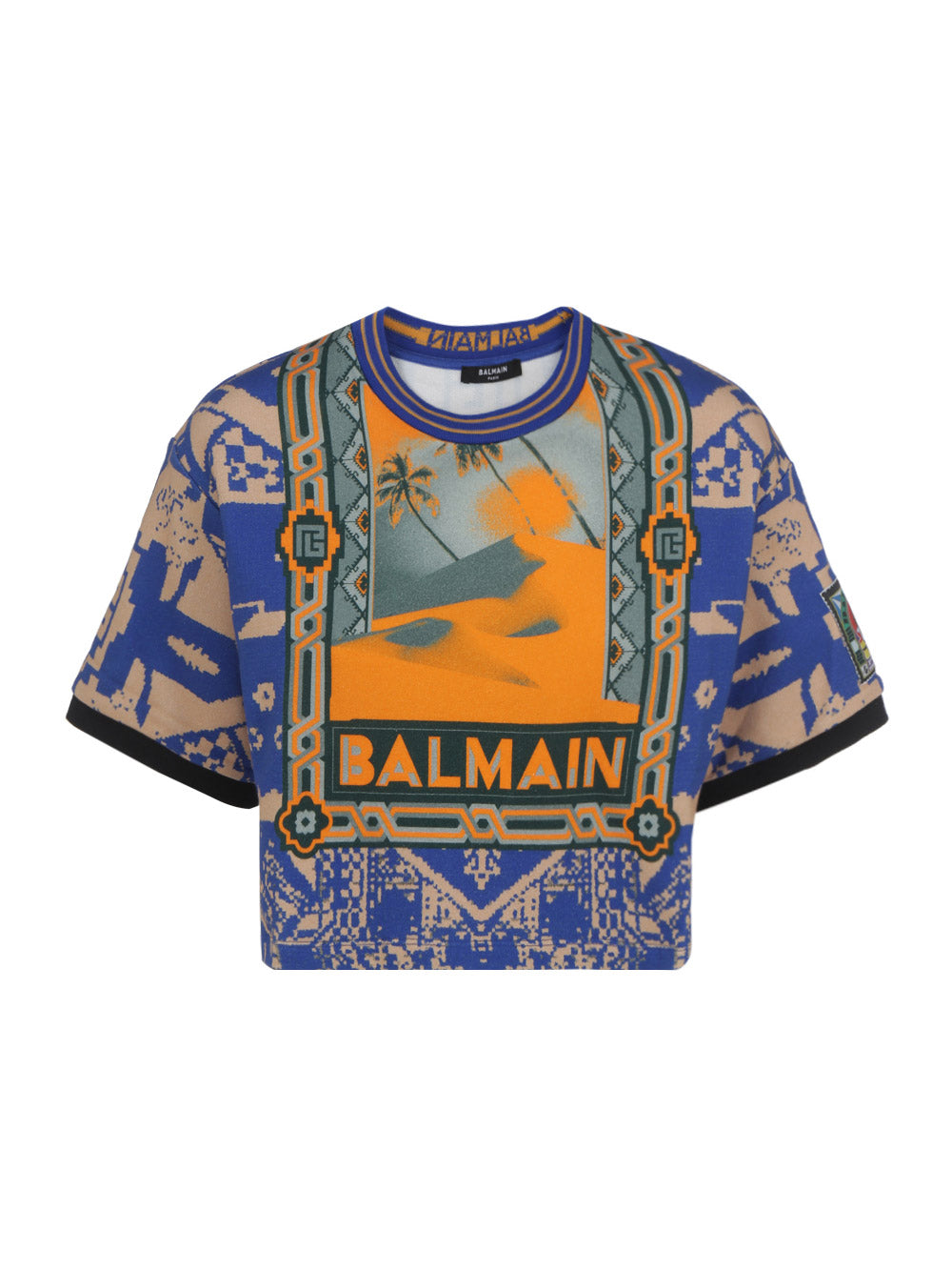 Cropped Cotton T-shirt with Balmain Logo Print -  Multicolor