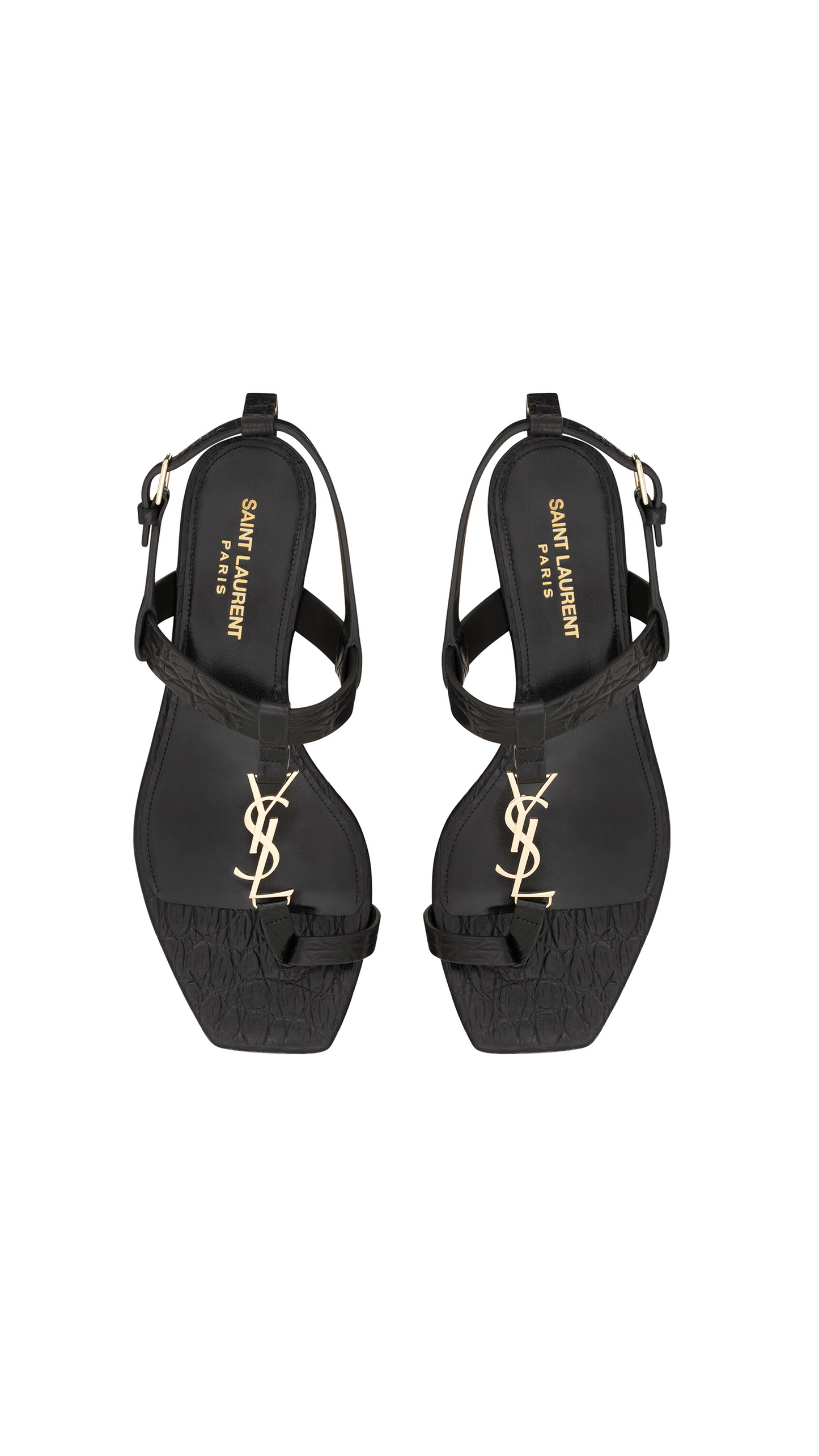 Cassandra Flat Sandals In Crocodile-Embossed Leather With Gold-Tone Monogram - Black