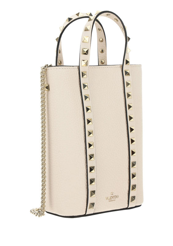 Rockstud Leather Pouch With Chain - Ivory