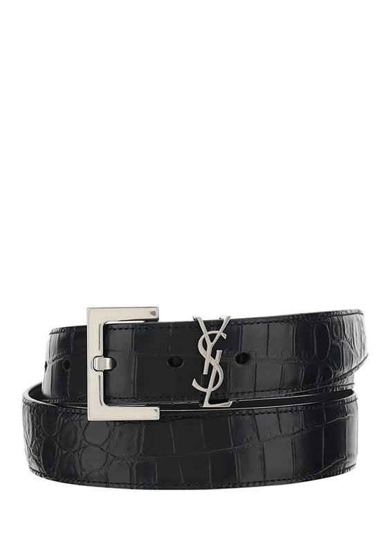 Monogram Belt In Matte Crocodile Embossed Leather - Black
