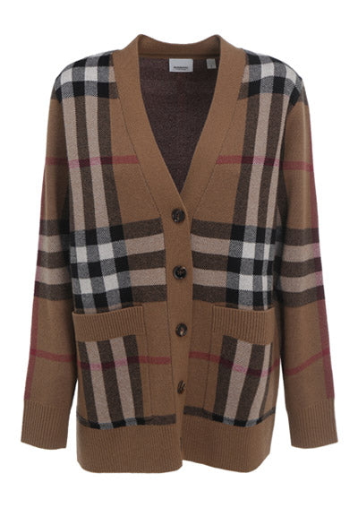 Check Wool Cashmere Jacquard Cardigan - Brown.