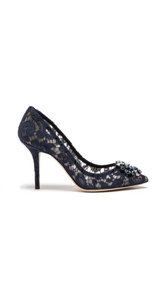 Lace Rainbow Pumps with Brooch Detailing - Navy