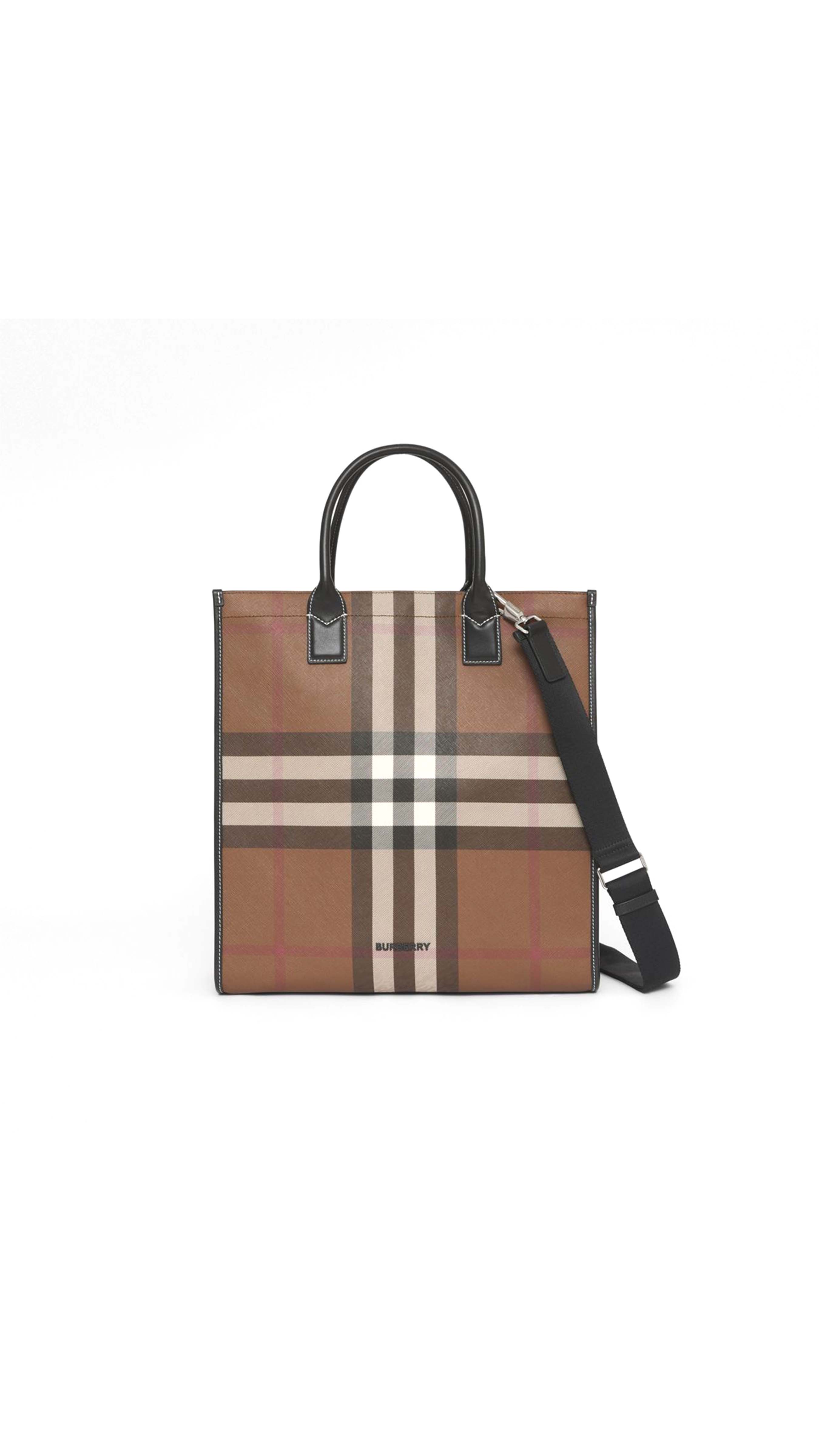 Check and Leather Tote - Dark Birch Brown