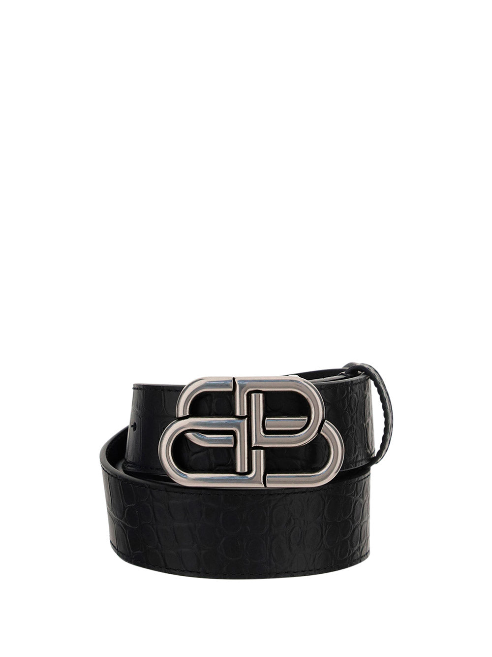 BB Large Belt in Embossed Crocodile Leather & Palladium Buckle - Black