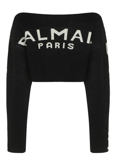 Cropped Knit Sweater With Graffiti Balmain Logo Print - Black