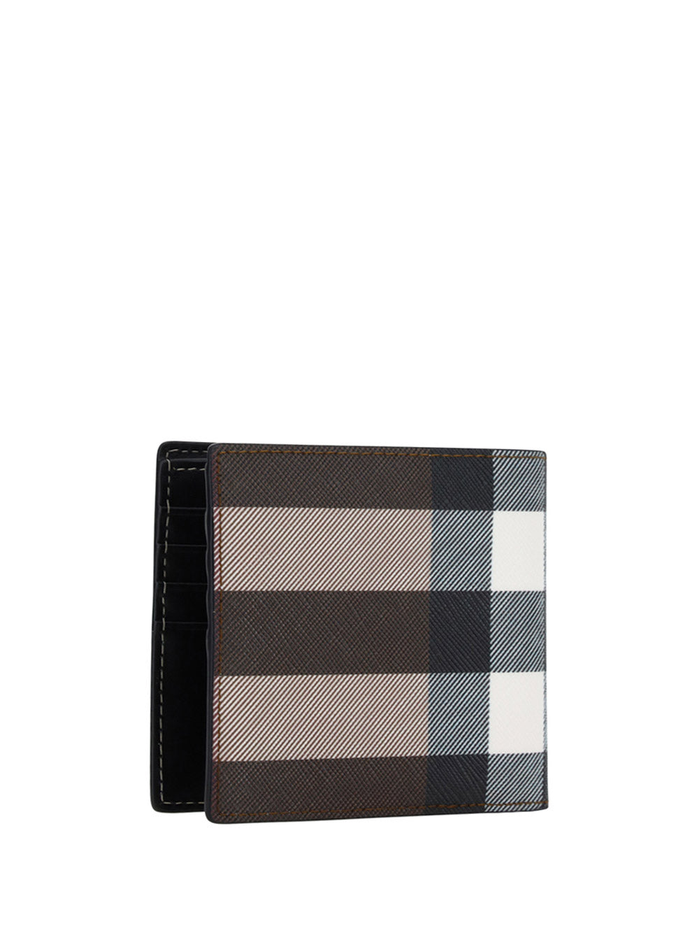 Exaggerated Check and Leather Bifold Wallet - Dark Birch Brown