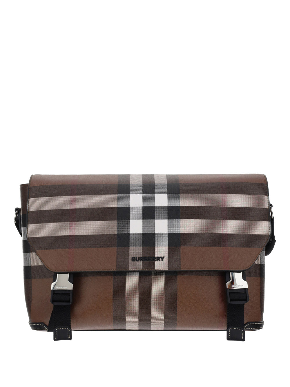 Exaggerated Check and Leather Large Messenger Bag - Dark Birch Brown