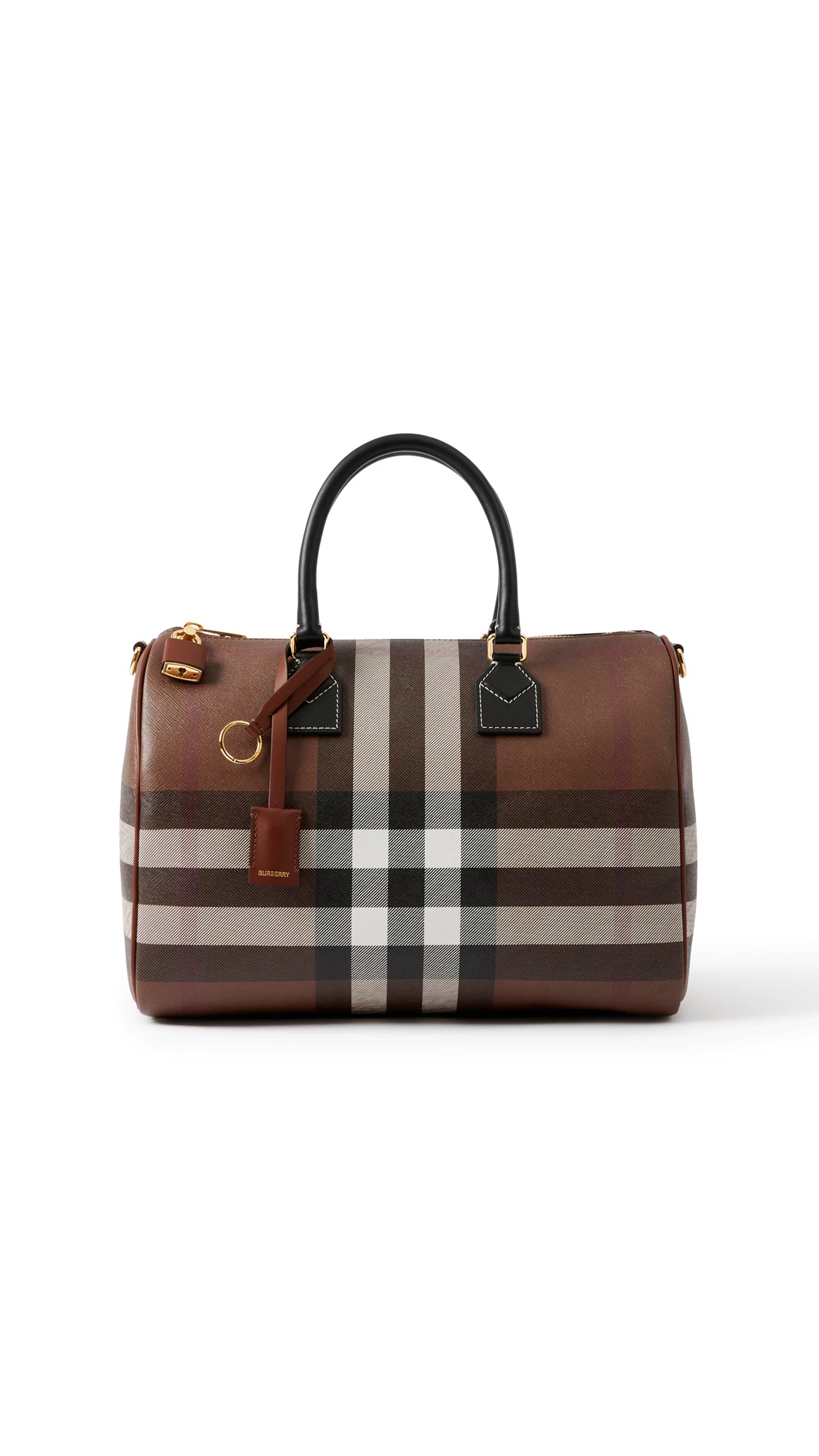 Check and Leather Medium Bowling Bag - Dark Birch Brown