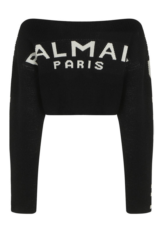 Cropped Knit Sweater With Graffiti Balmain Logo Print - Black