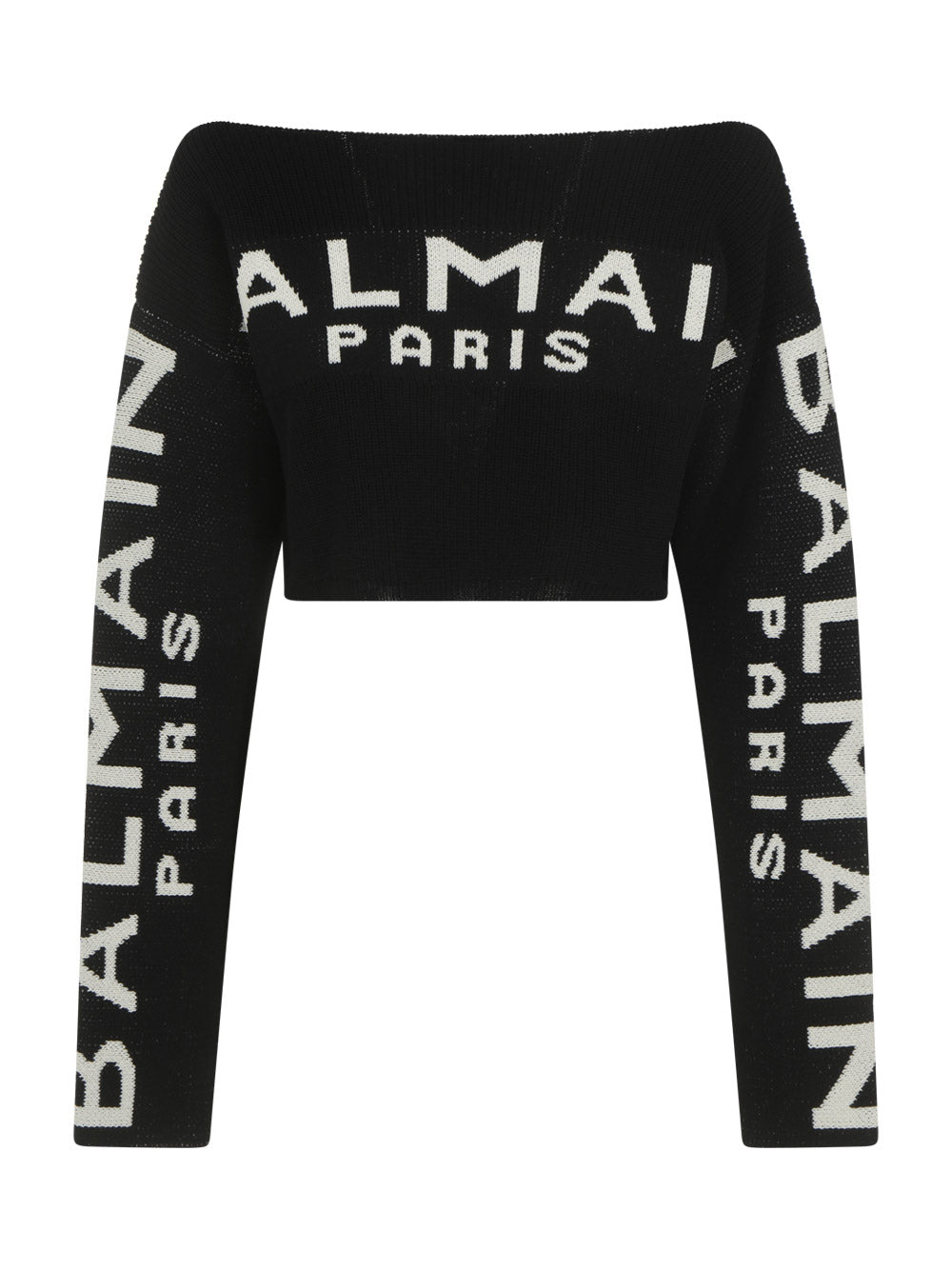 Cropped Knit Sweater With Graffiti Balmain Logo Print - Black