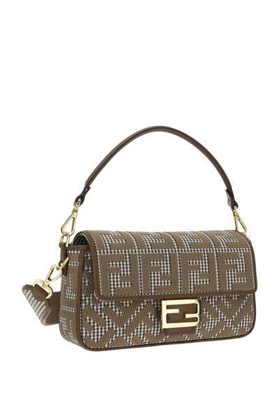 Houndstooth Wool Baguette Bag With FF Embroidery - Brown