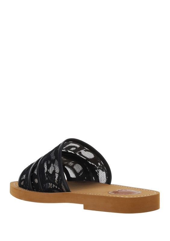 Woody Lace Mule Sandals - Black