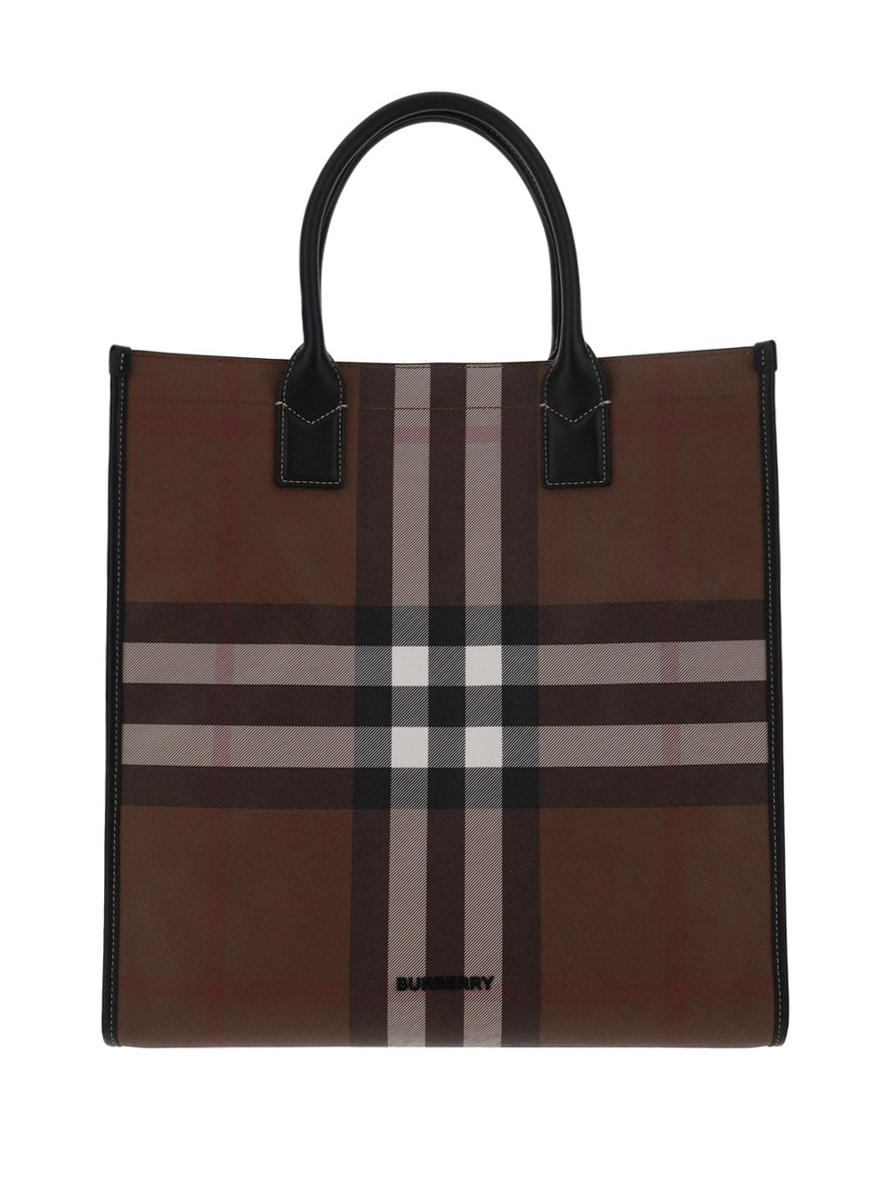 Check and Leather Tote - Dark Birch Brown