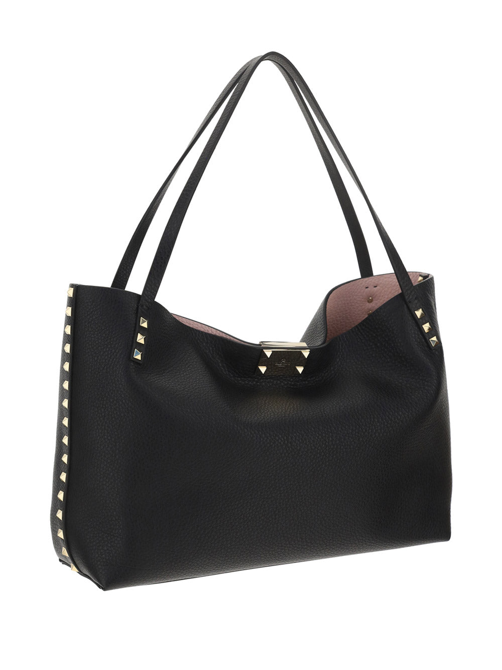 Medium Rockstud Bag in Grainy Calfskin with Contrasting Lining - Black