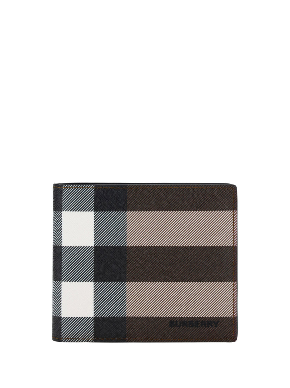 Exaggerated Check and Leather Bifold Wallet - Dark Birch Brown