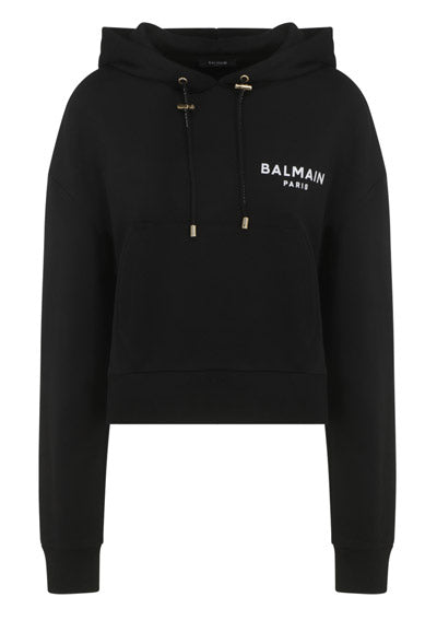 Cropped Hooded Cotton Sweatshirt Logo - Black