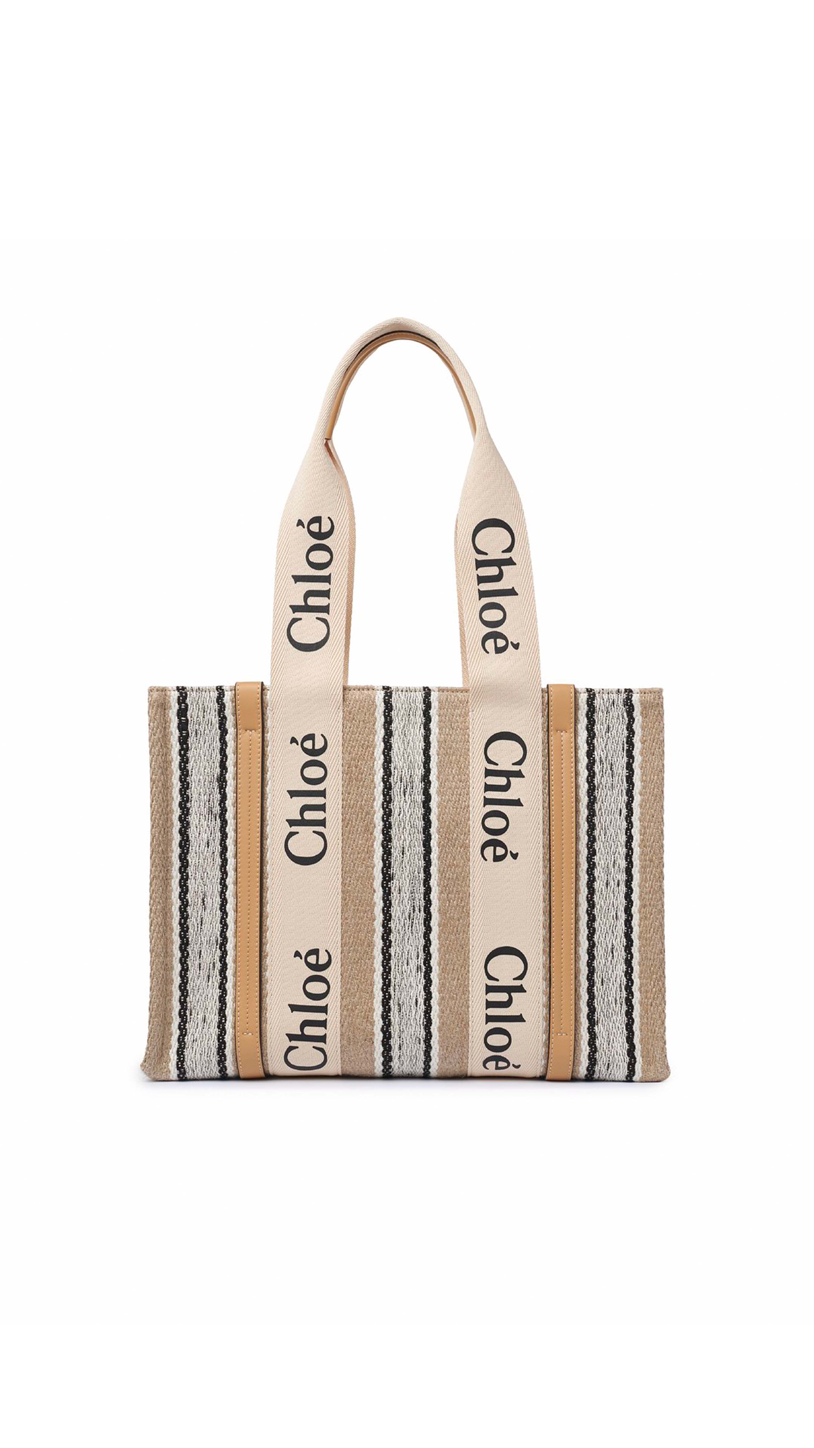 Medium Woody Tote Bag - Striped Linen Beige