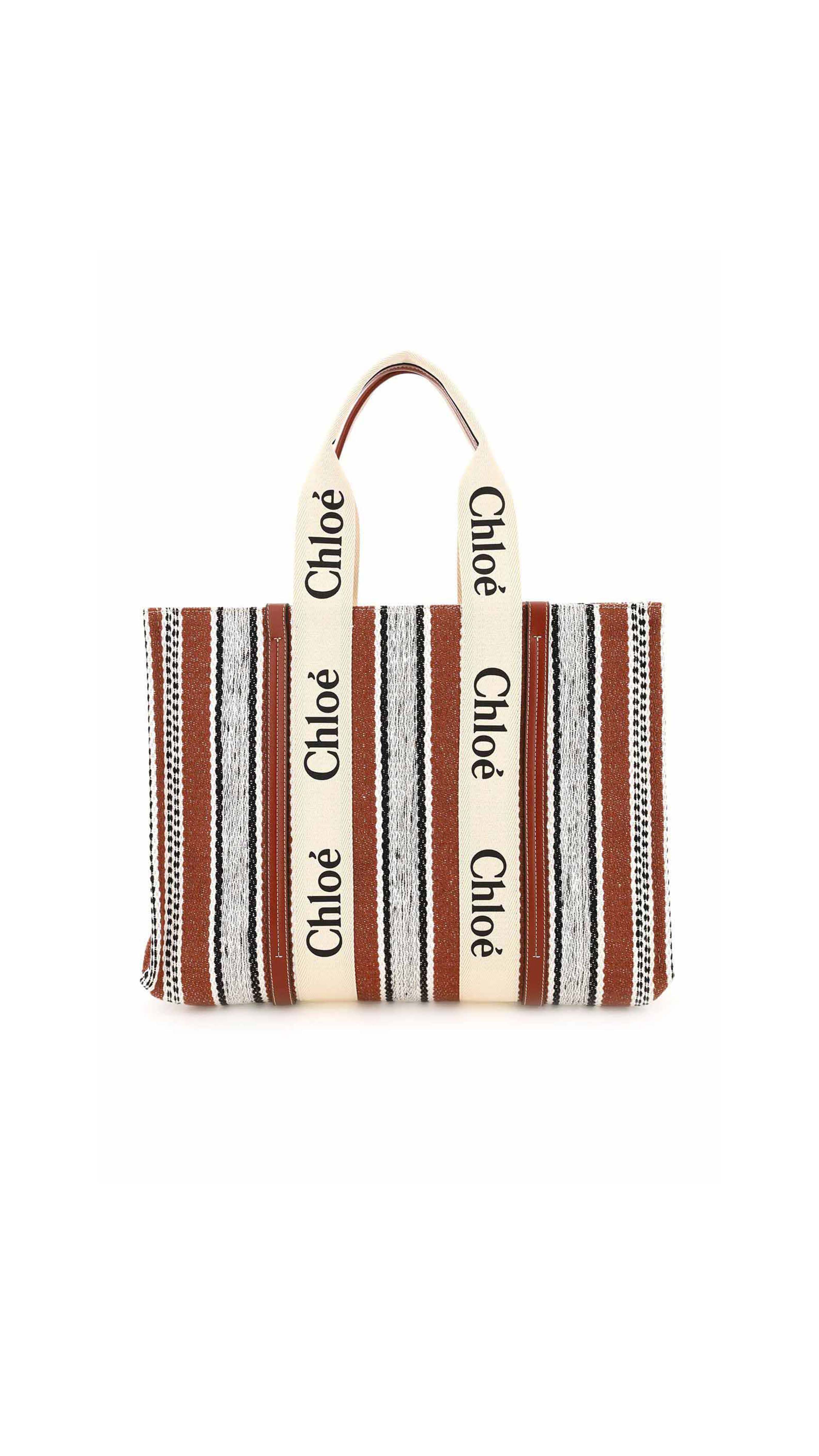 Medium Woody Tote Bag - Striped Linen Brown