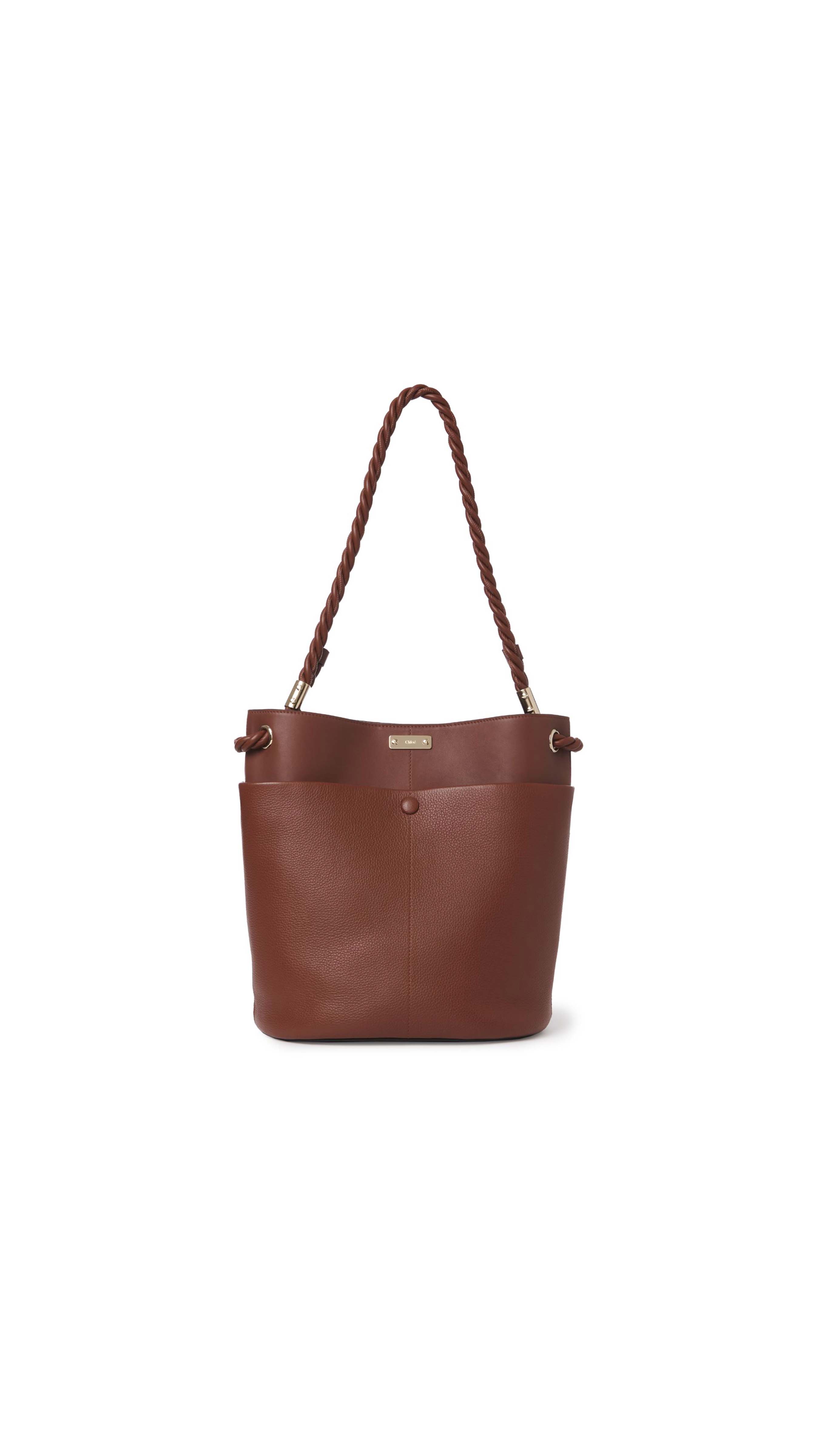 Medium Key Bucket Bag in Shiny & Grained Calfskin - Tobacco