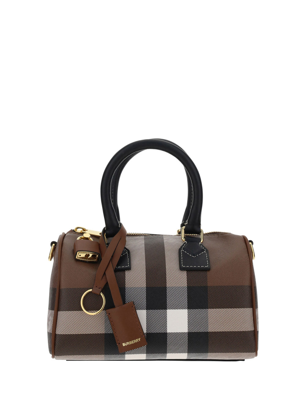 Check and Leather Mini Bowling Bag - Dark Birch Brown