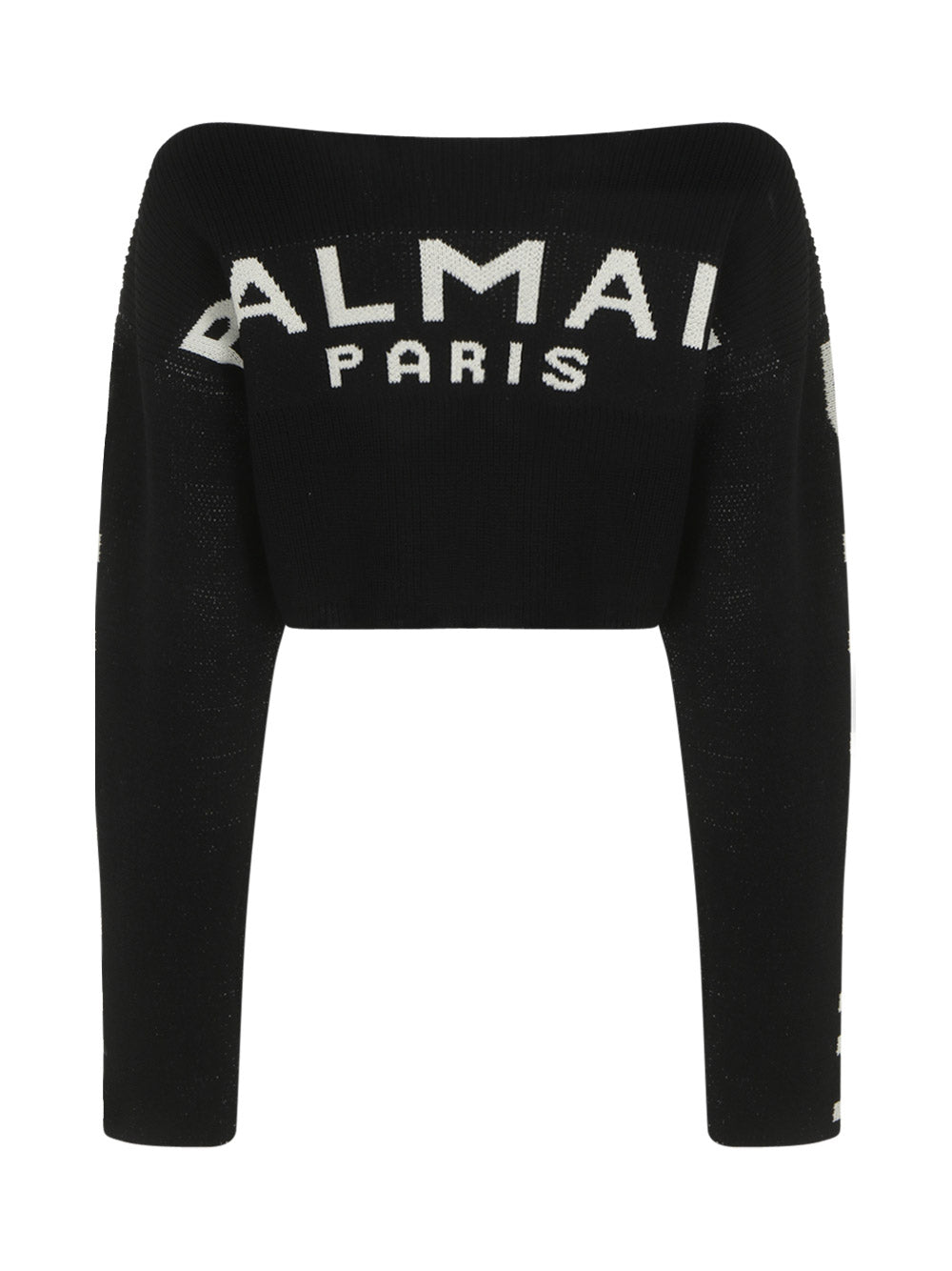 Cropped Knit Sweater With Graffiti Balmain Logo Print - Black