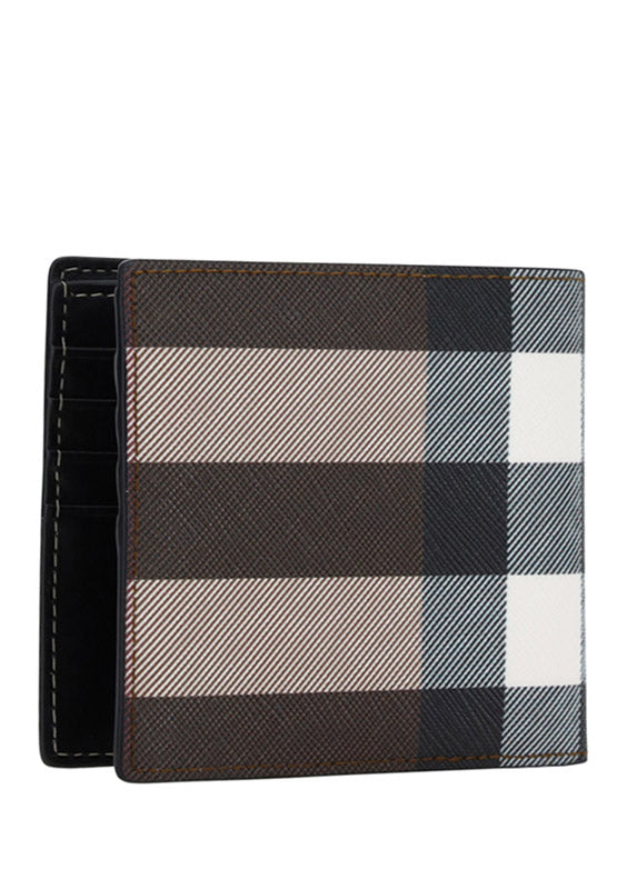 Exaggerated Check and Leather Bifold Wallet - Dark Birch Brown