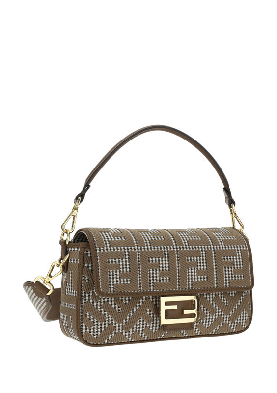 Houndstooth Wool Baguette Bag With FF Embroidery - Brown