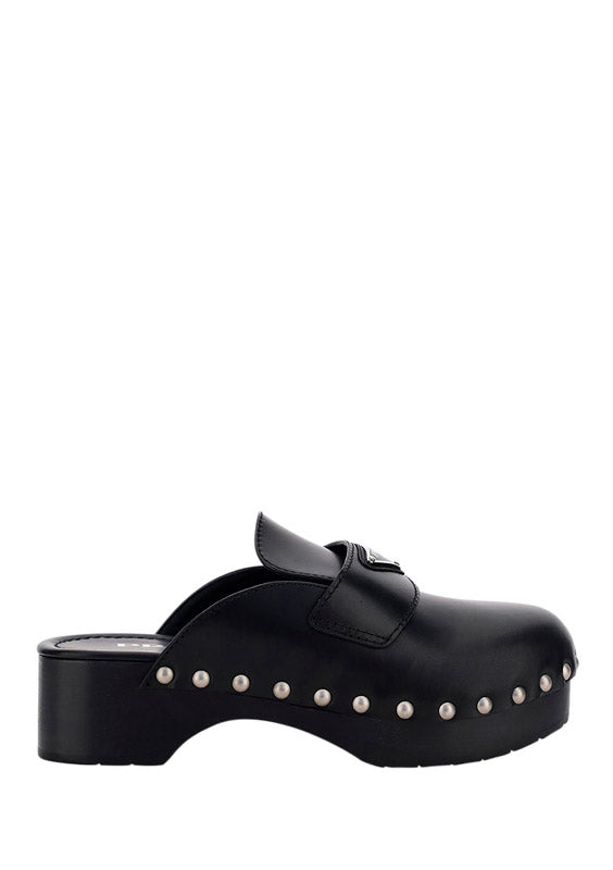 Studded Leather Clogs - Black