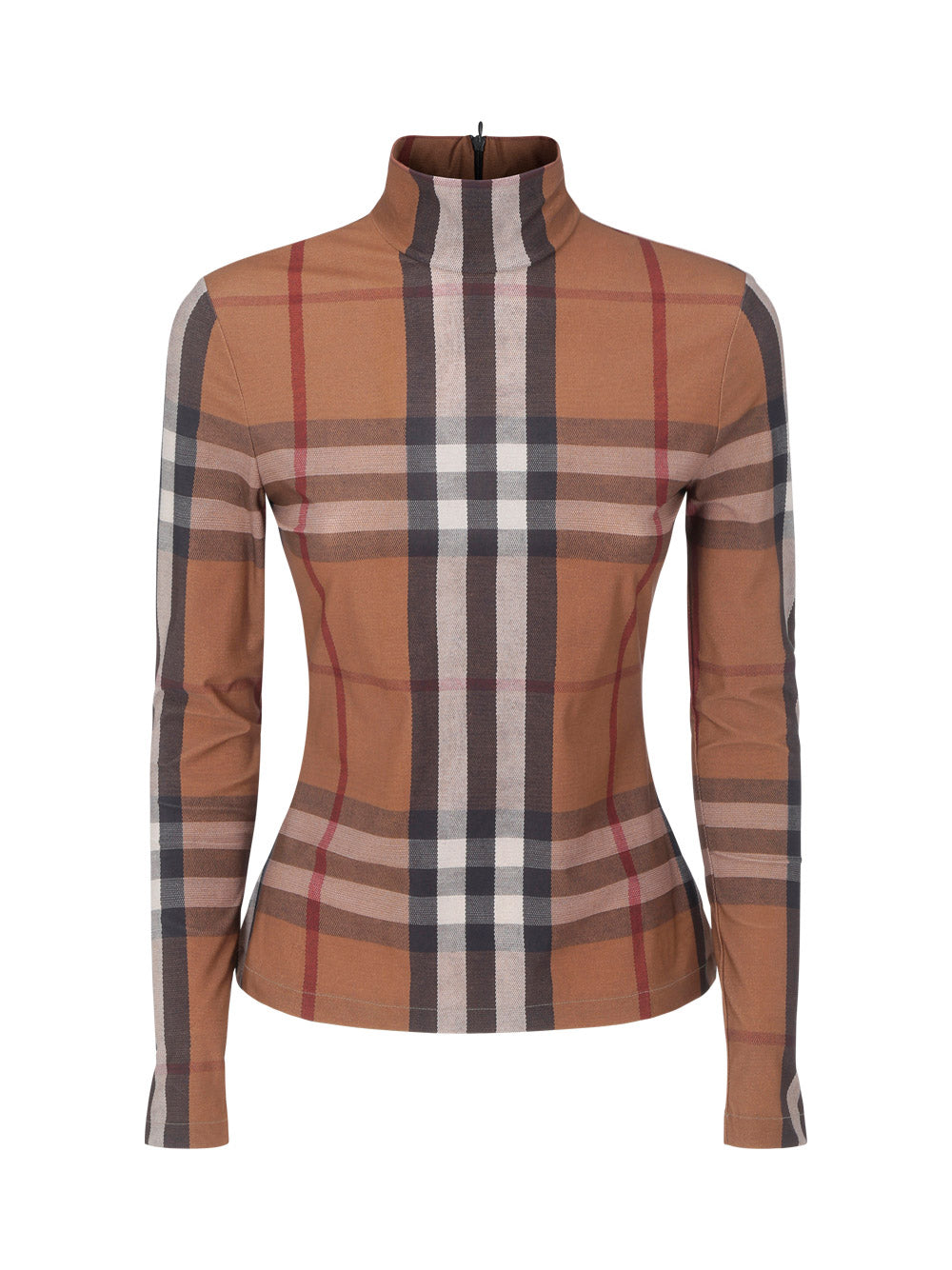 Check Stretch Jersey Turtleneck Top - Birch Brown