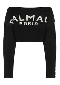 Cropped Knit Sweater With Graffiti Balmain Logo Print - Black