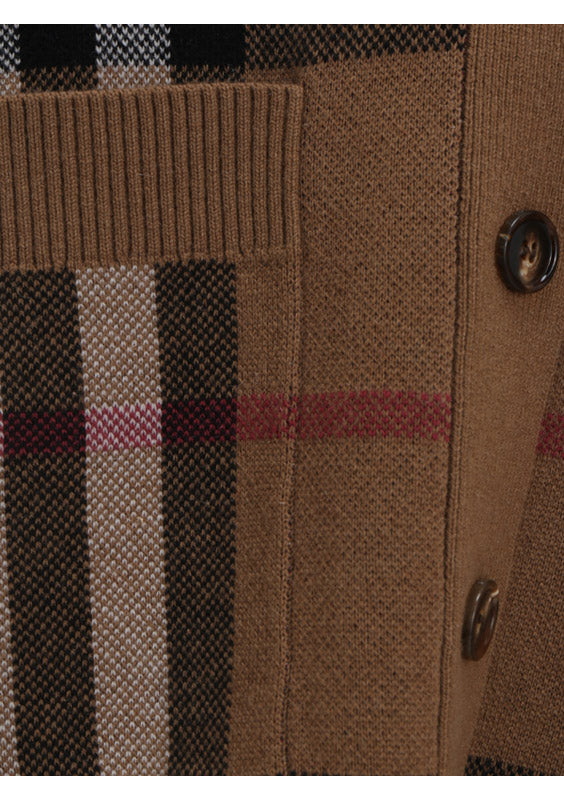 Check Wool Cashmere Jacquard Cardigan - Brown.