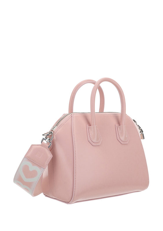 Small Antigona Bag In Leather With Tag Effect Heart Print - Pink.