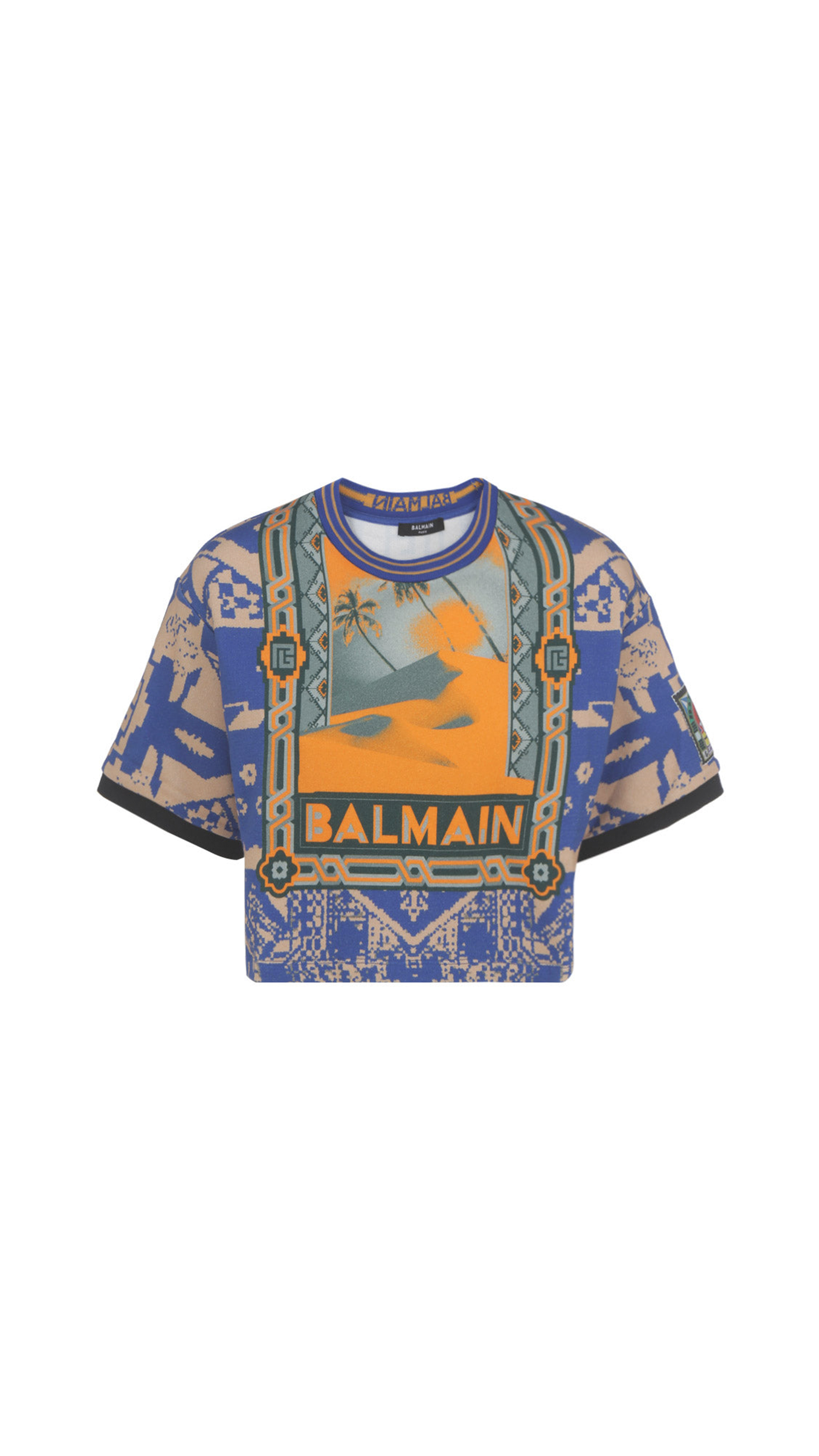 Cropped Cotton T-shirt with Balmain Logo Print -  Multicolor