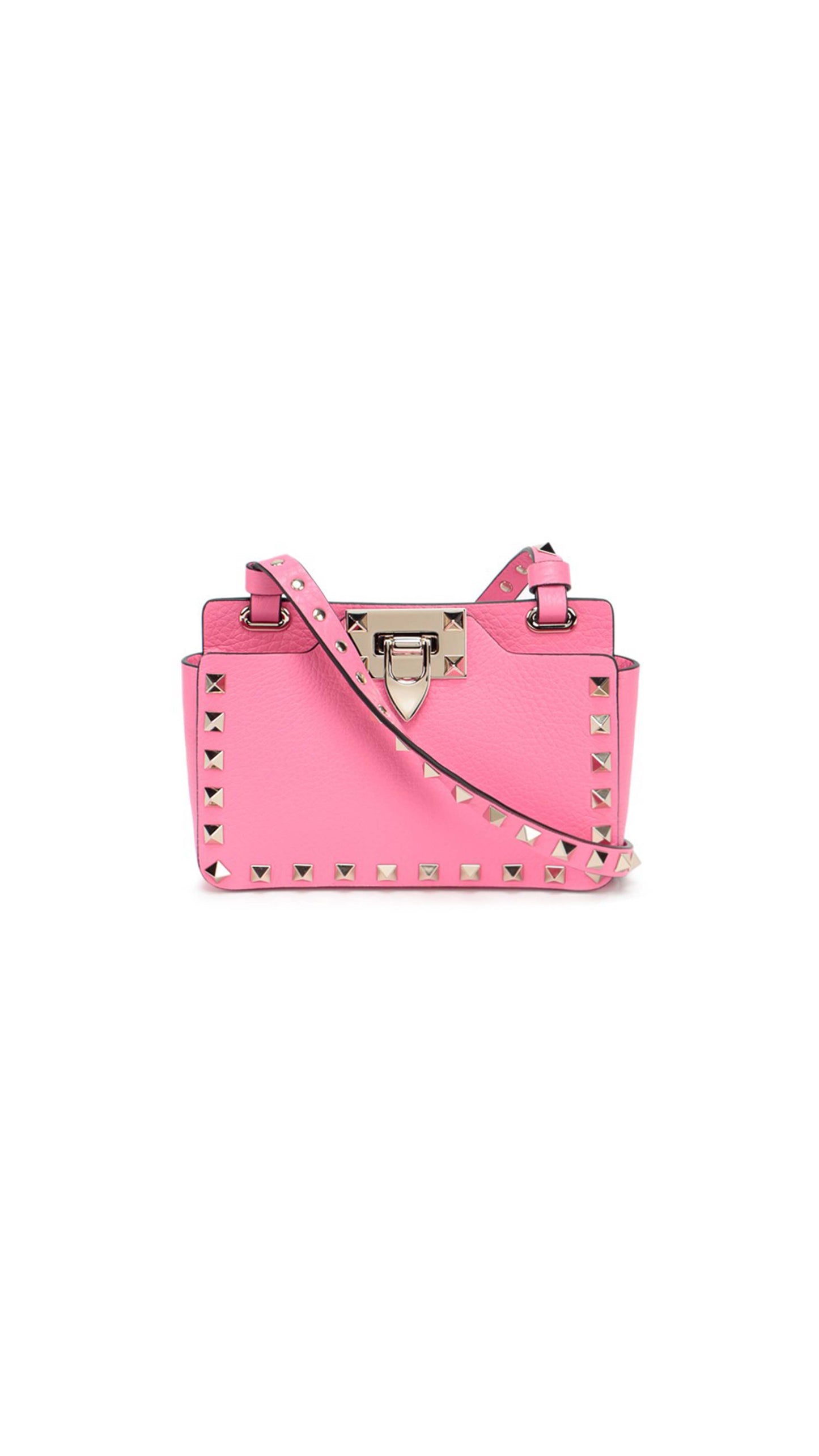 Rockstud Grainy Calfskin Wallet With Chain Strap - Pink