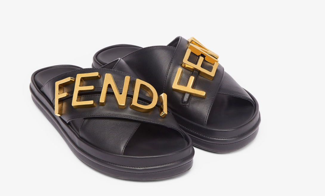 Fendigraphy Leather Slides - Black