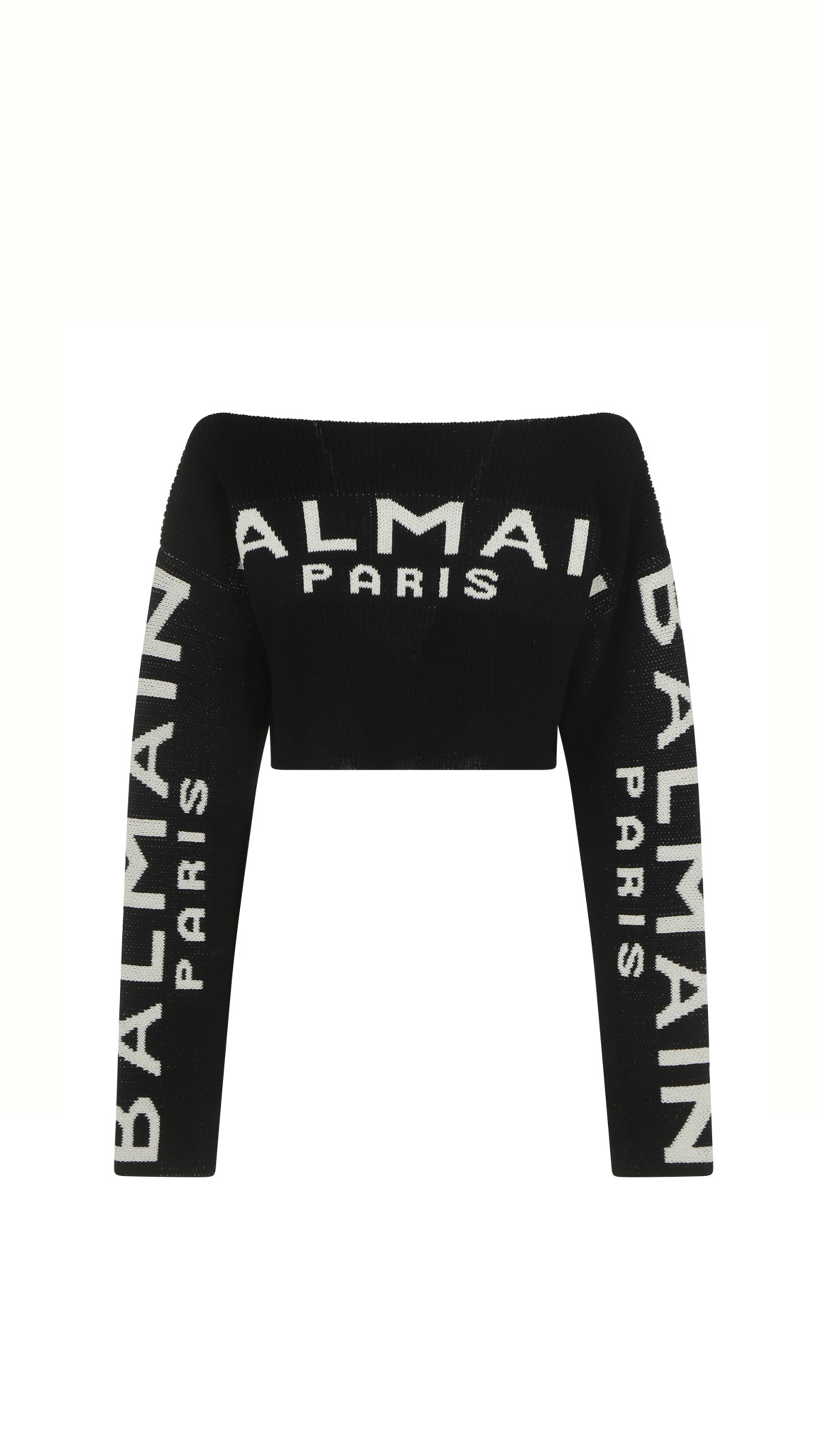 Cropped Knit Sweater With Graffiti Balmain Logo Print - Black