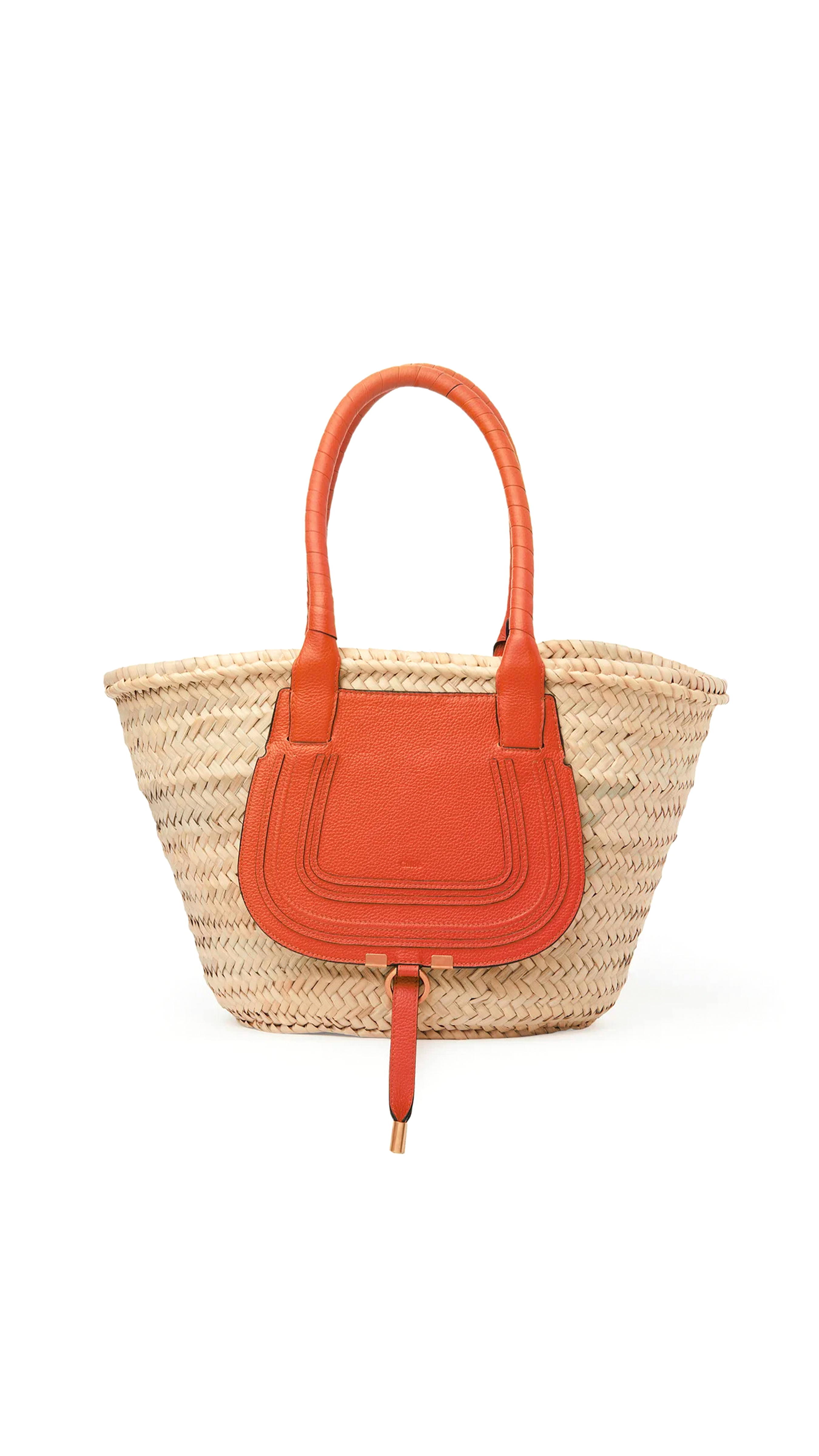 Medium Marcie Basket Bag in Hand-Braided Raffia & Small Grain Calfskin - Orange