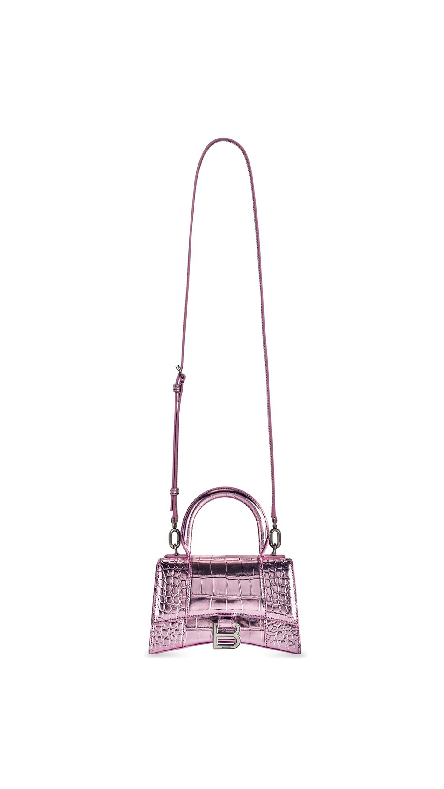 Hourglass XD Handbag In Metallized Crocodile Embossed Calfskin - Pink