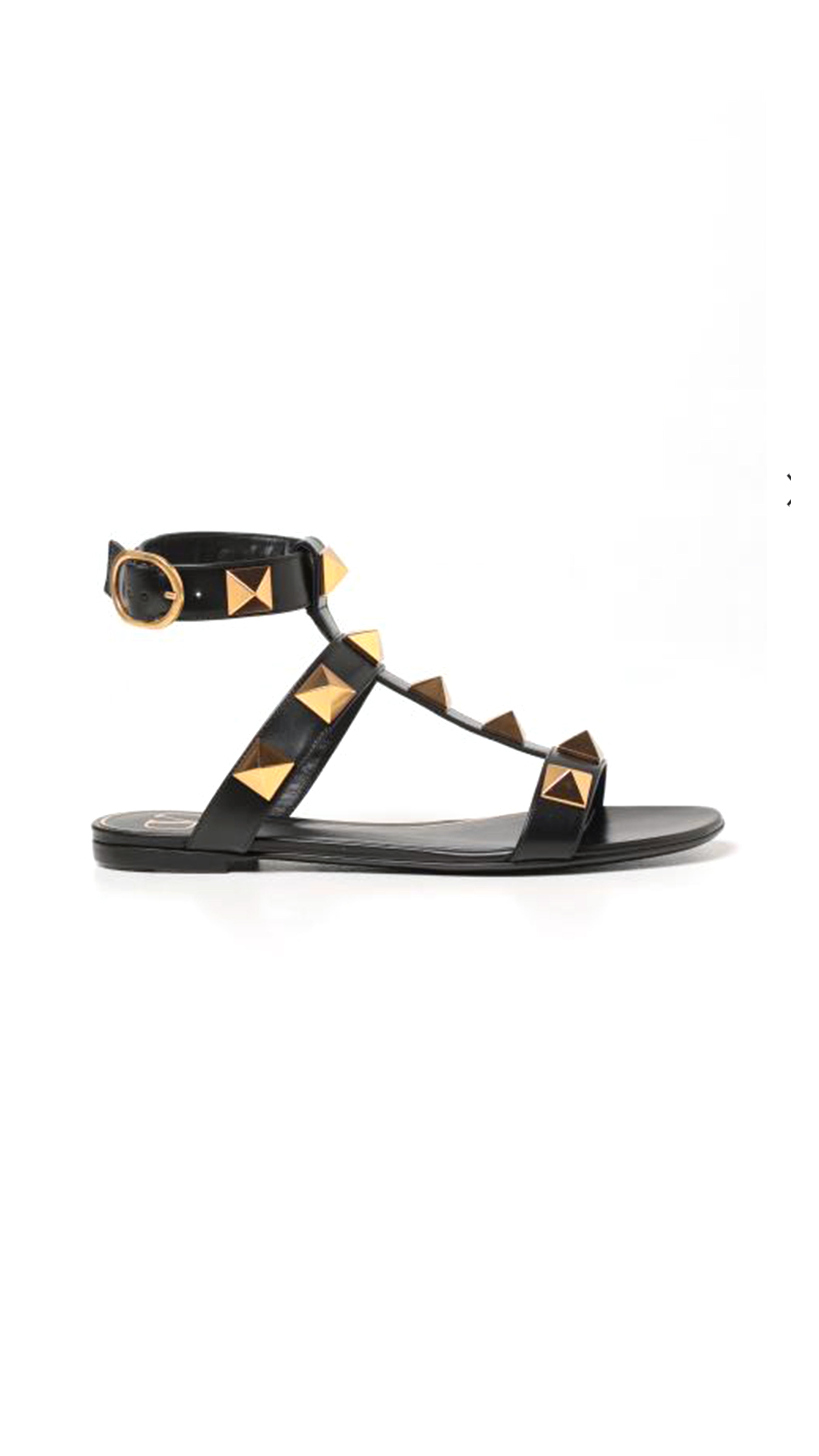 Roman Stud Flat Calskin Sandal - Black