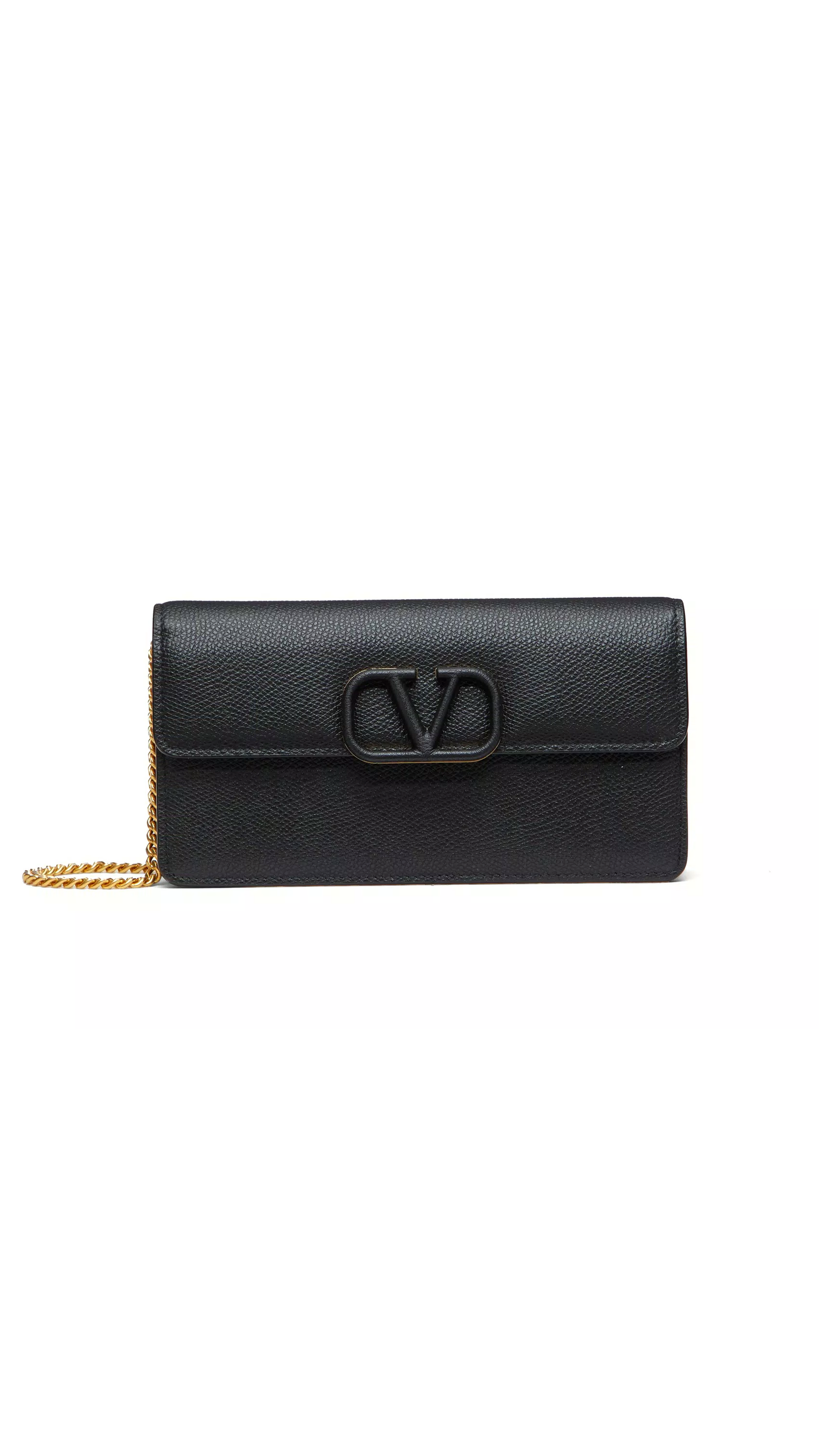Valentino VLogo Signature Grainy Calfskin Wallet With Chain