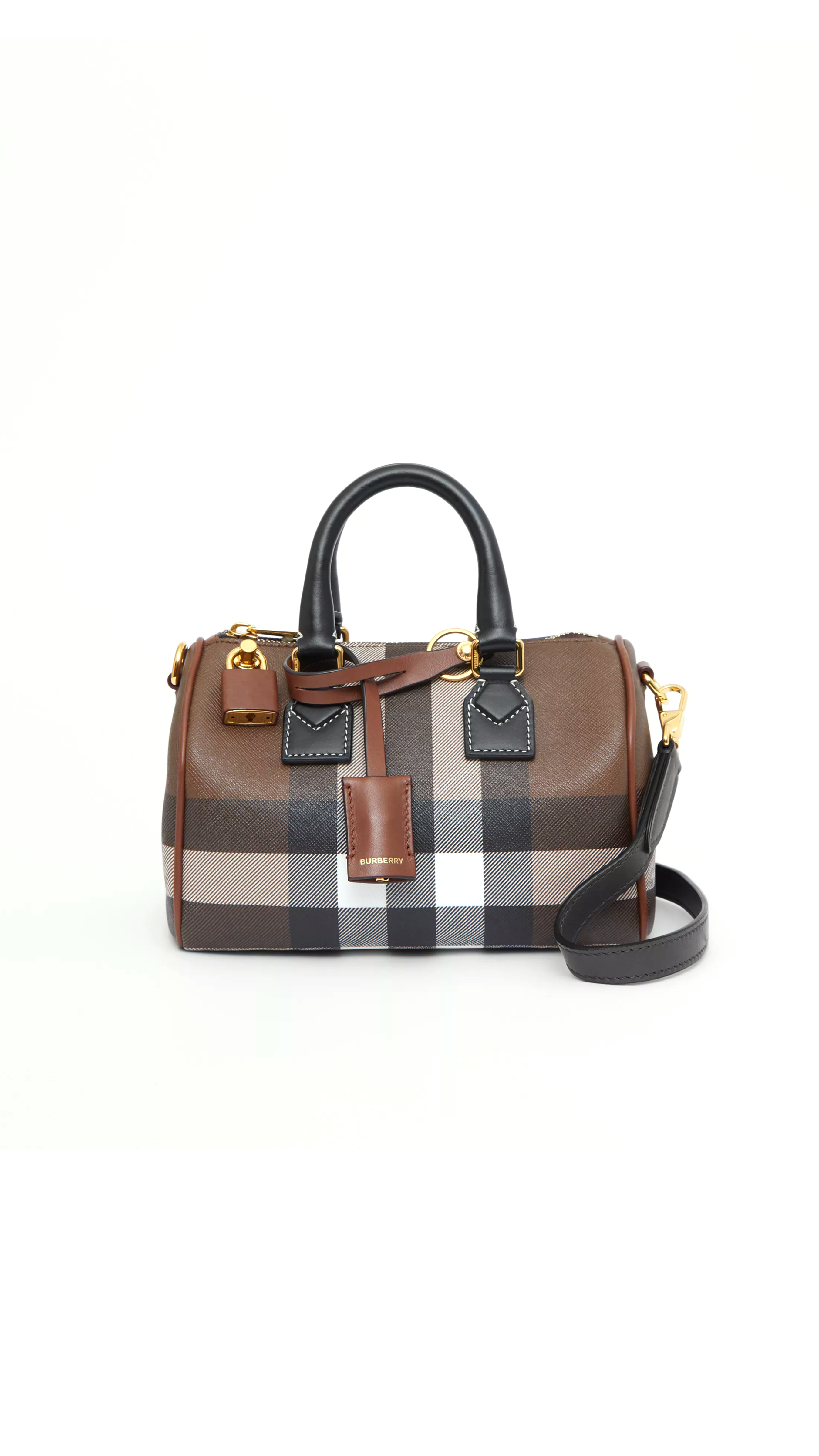 Check and Leather Mini Bowling Bag - Dark Birch Brown