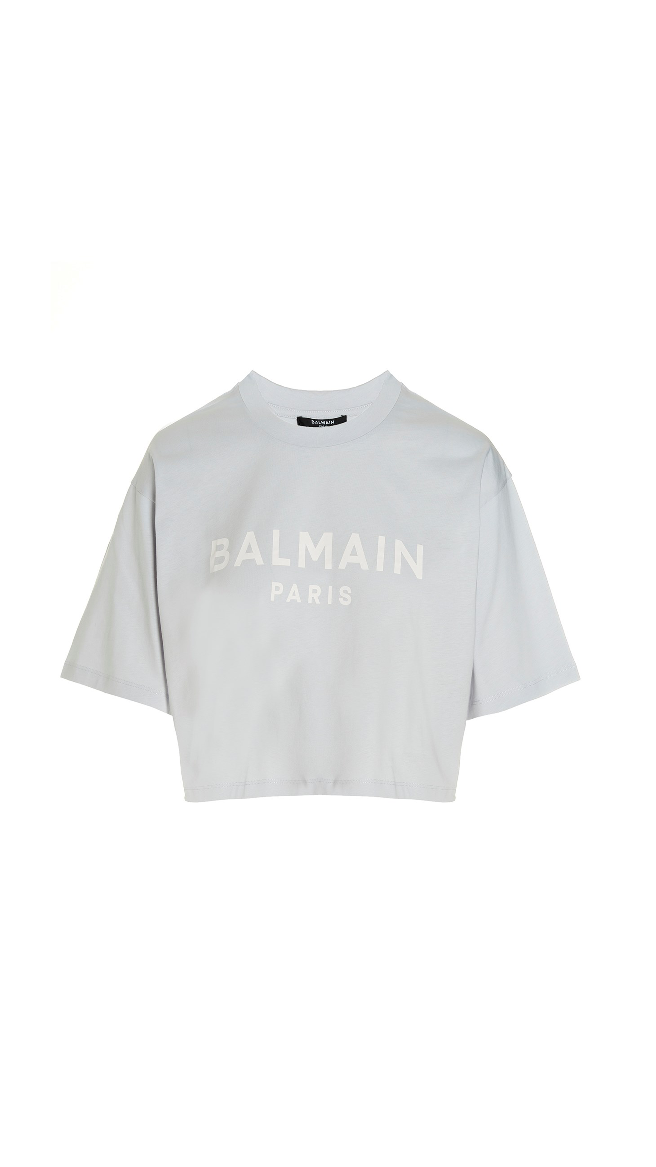 Cropped Eco-designed Cotton T-shirt With Balmain Logo Print - Light Blue