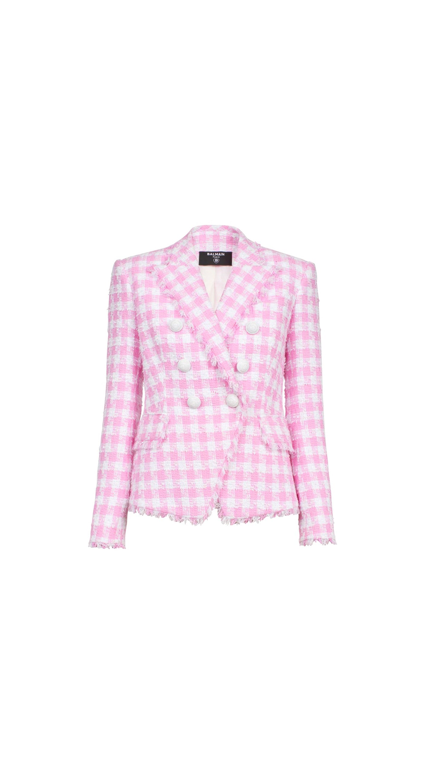 Gingham Print Tweed Jacket - Light Pink