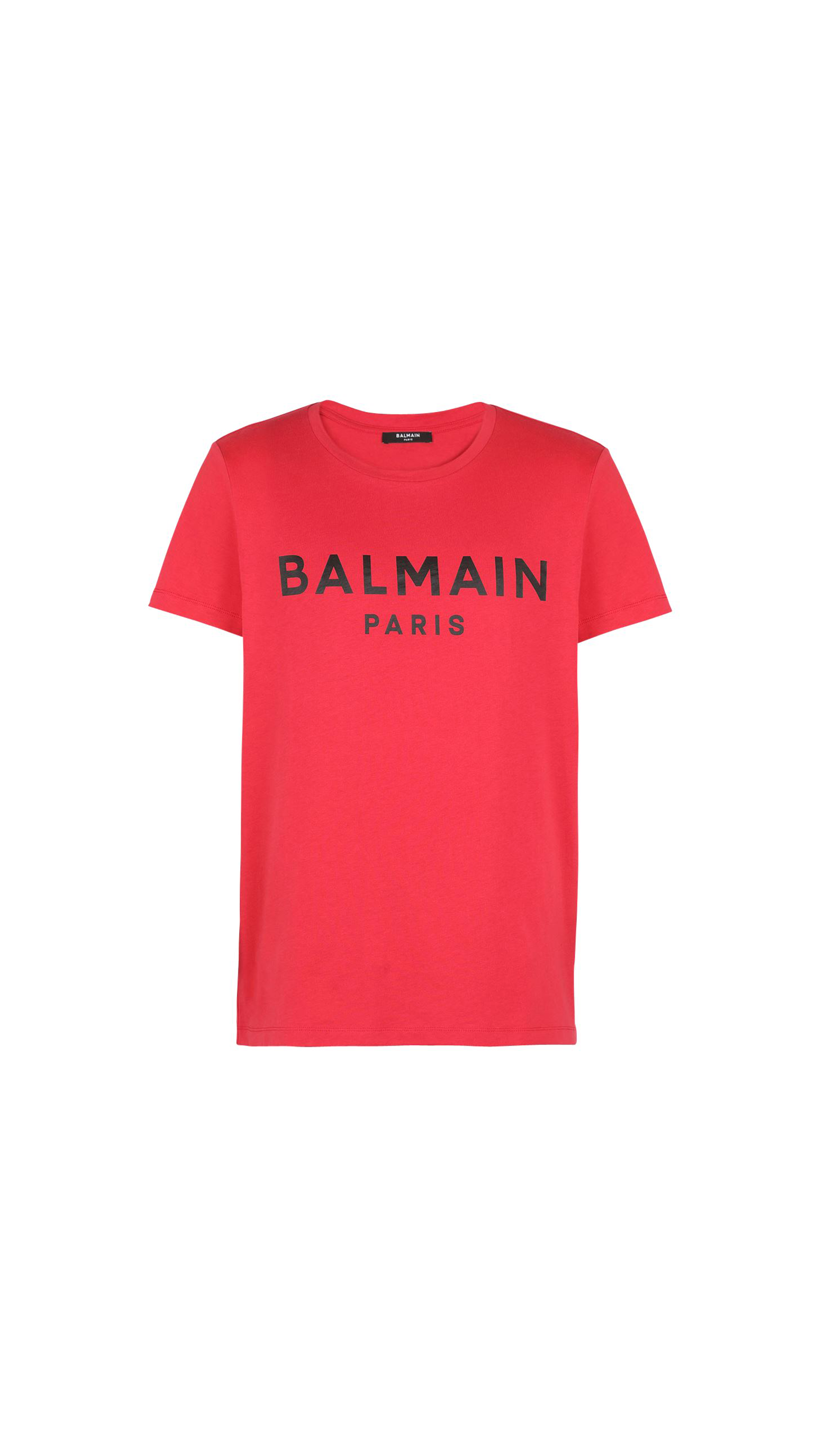 Cotton T-shirt with Balmain Paris Logo Print - Red