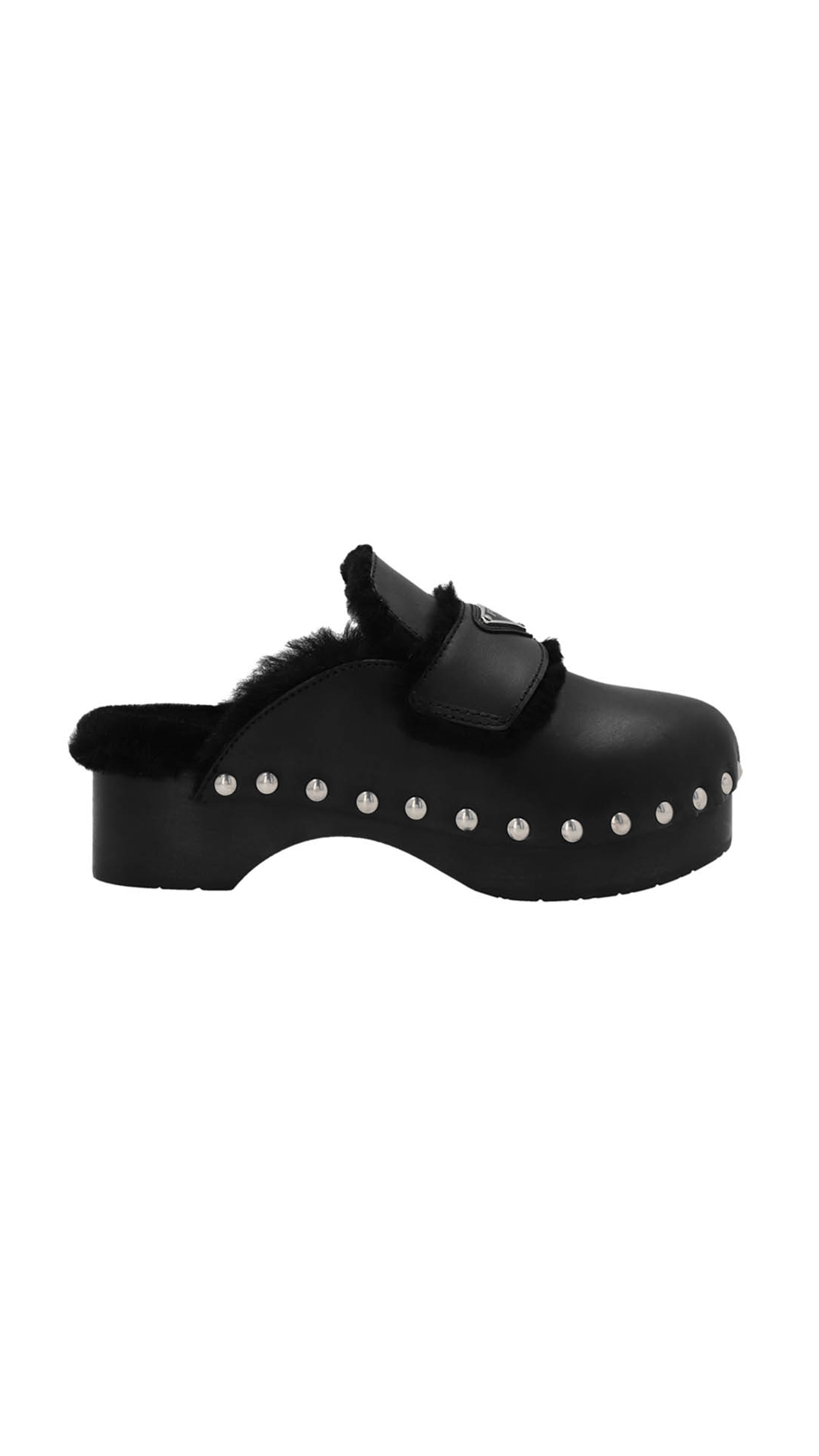 Shearling Trim Leather Clogs - Black/Black