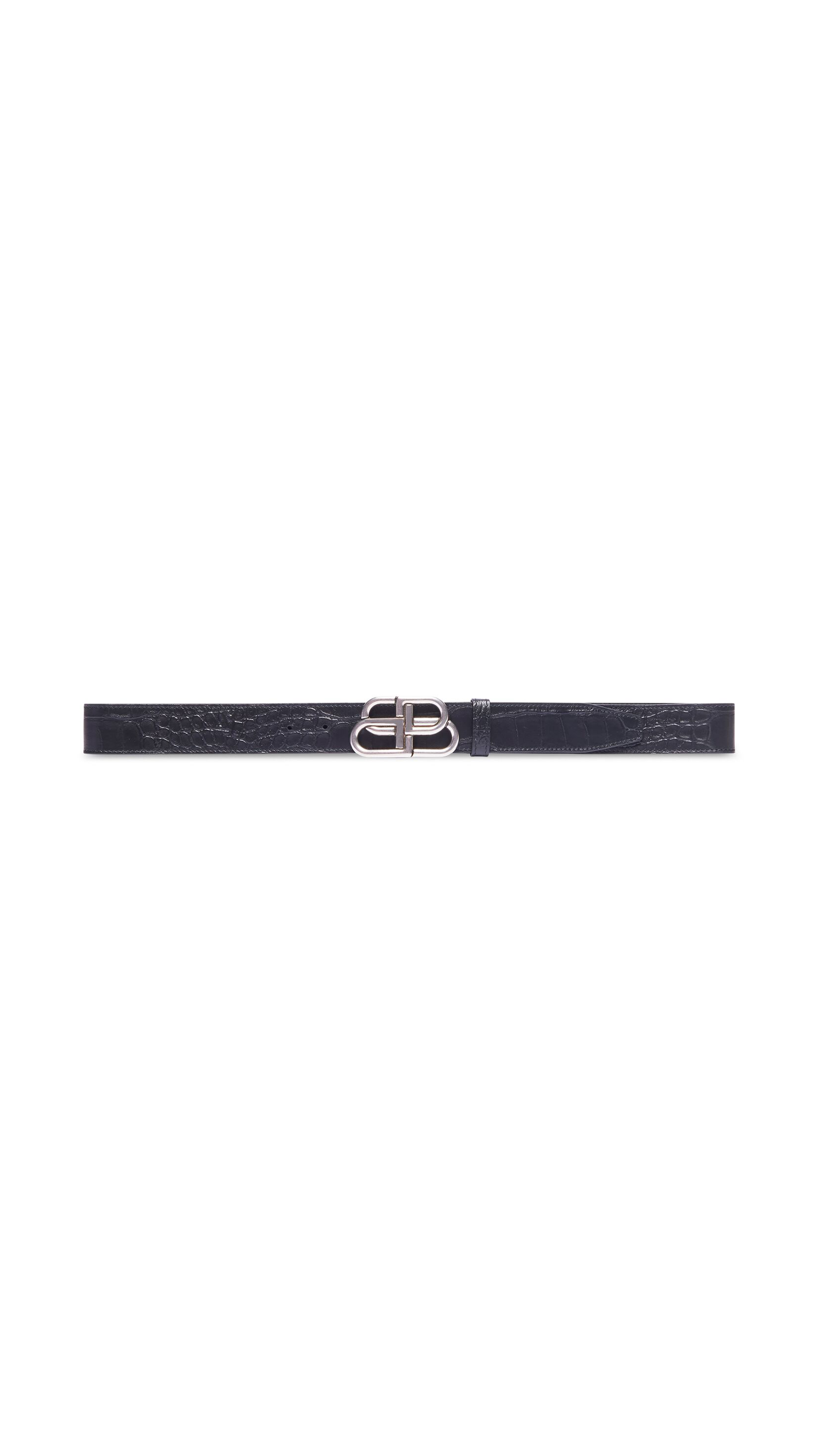 BB Large Belt in Embossed Crocodile Leather & Palladium Buckle - Black