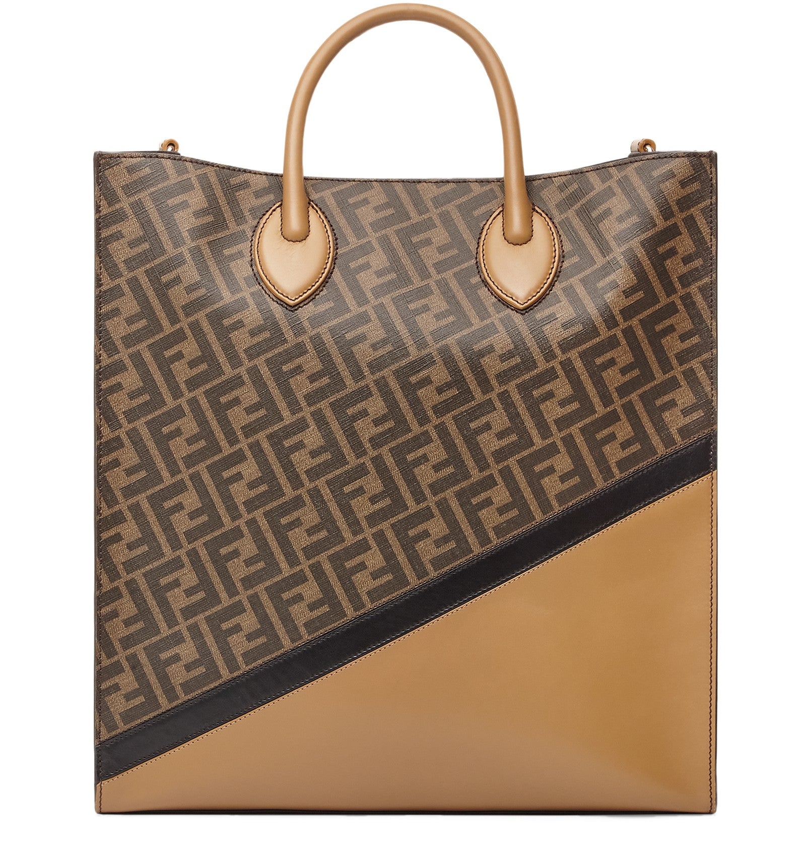 Vertical Leather & Fabric FF Tote - Brown