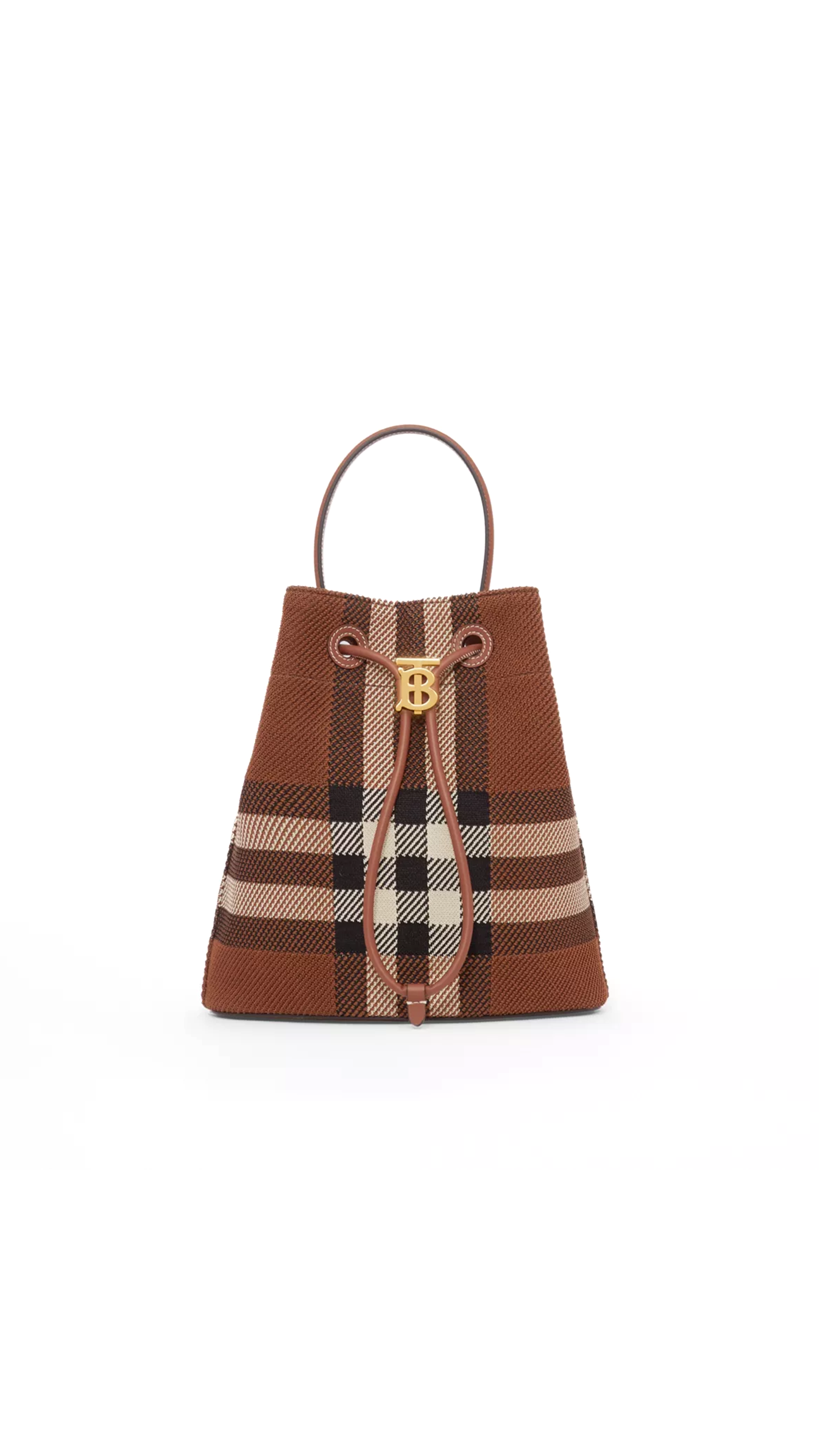 Knitted Check and Leather Small TB Bucket Bag - Dark Birch Brown