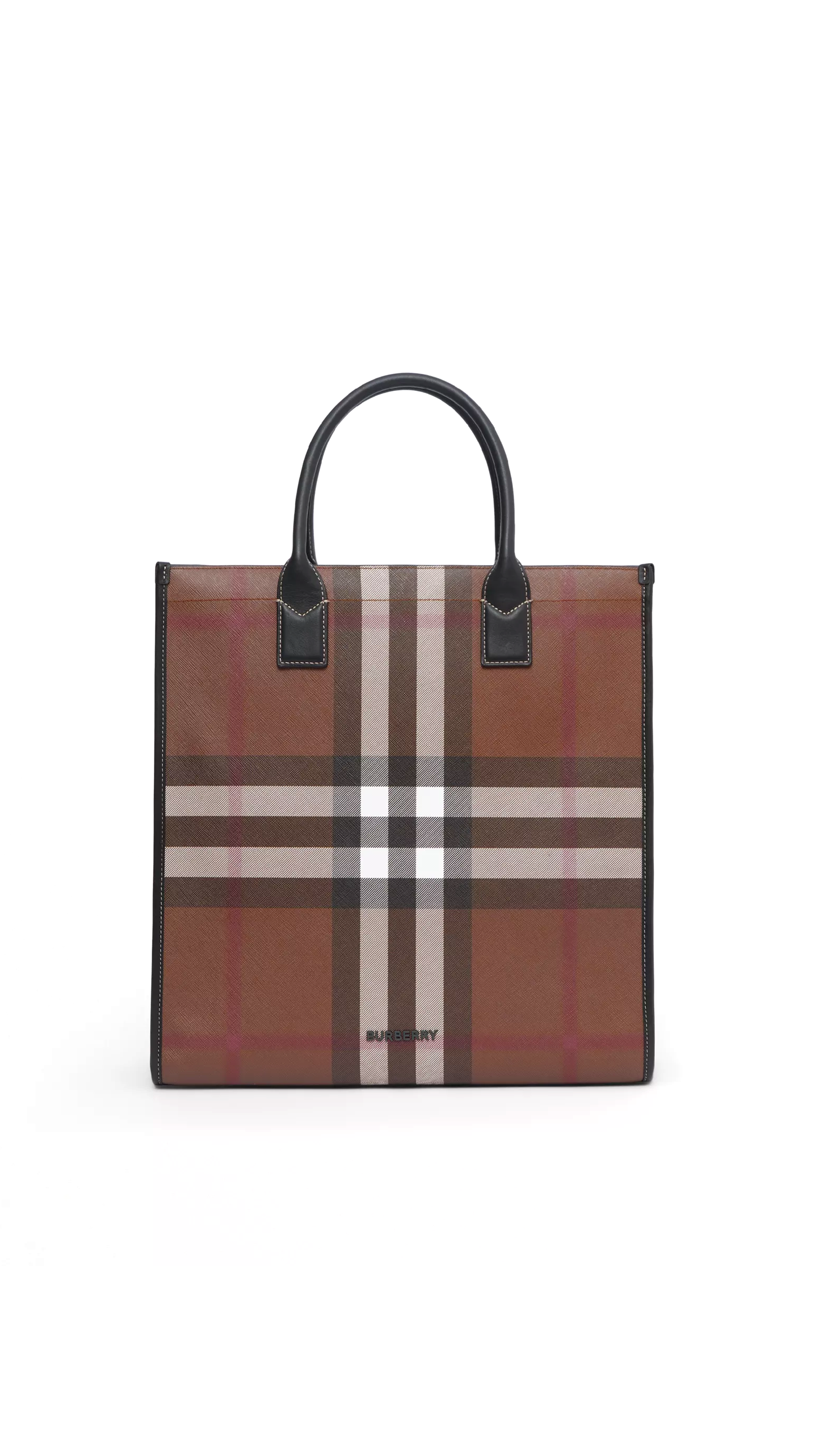 Check and Leather Tote - Dark Birch Brown